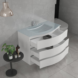 Meuble-Lavabo Autoportant 40po Blanc Mat avec Comptoir de Verre Blanc