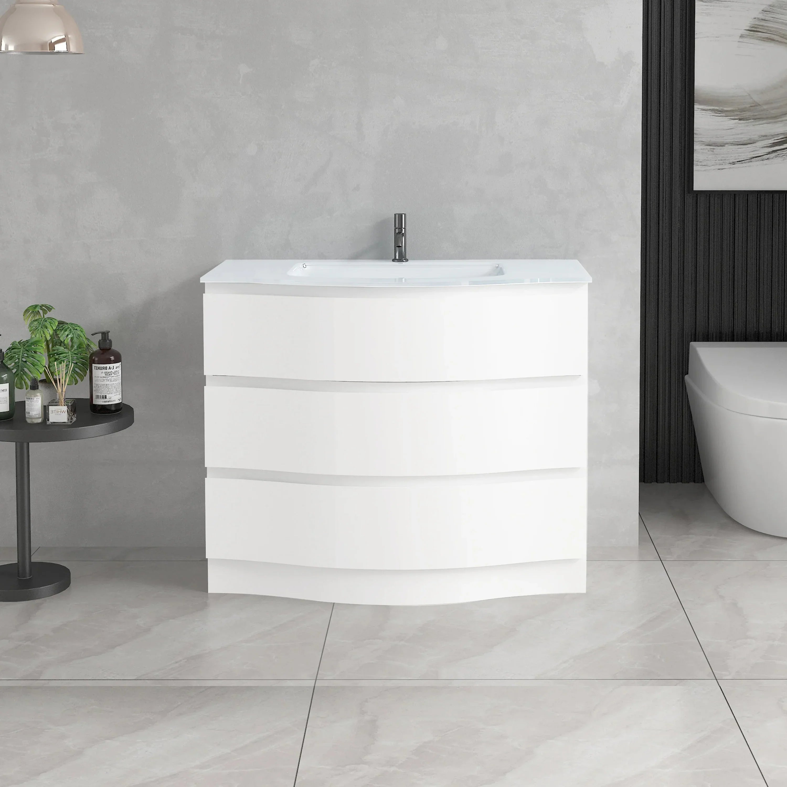Meuble-Lavabo Autoportant 40po Blanc Mat avec Comptoir de Verre Blanc