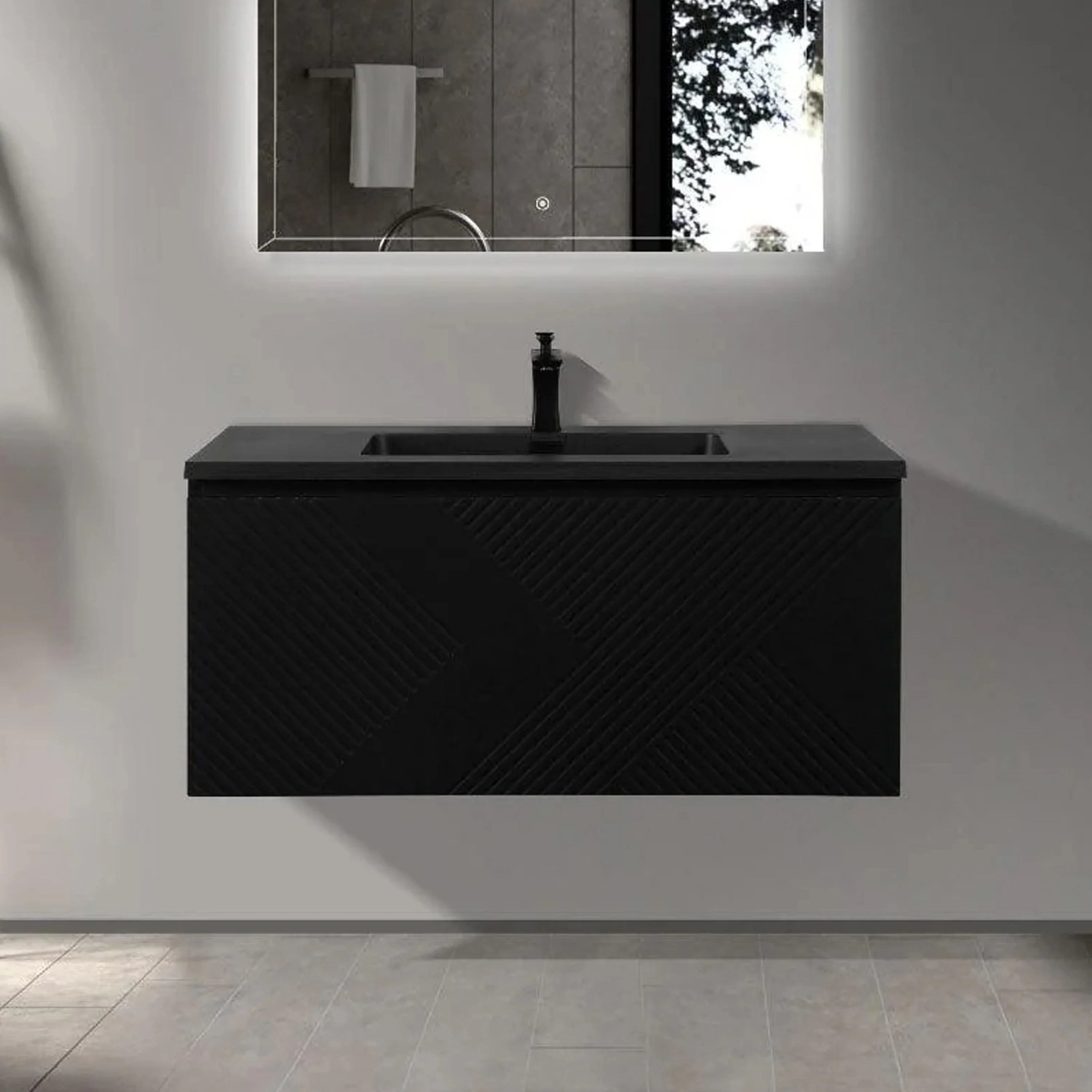 Meuble-lavabo mural noir 40" avec Comptoir en quartz noir conçu Roxboro