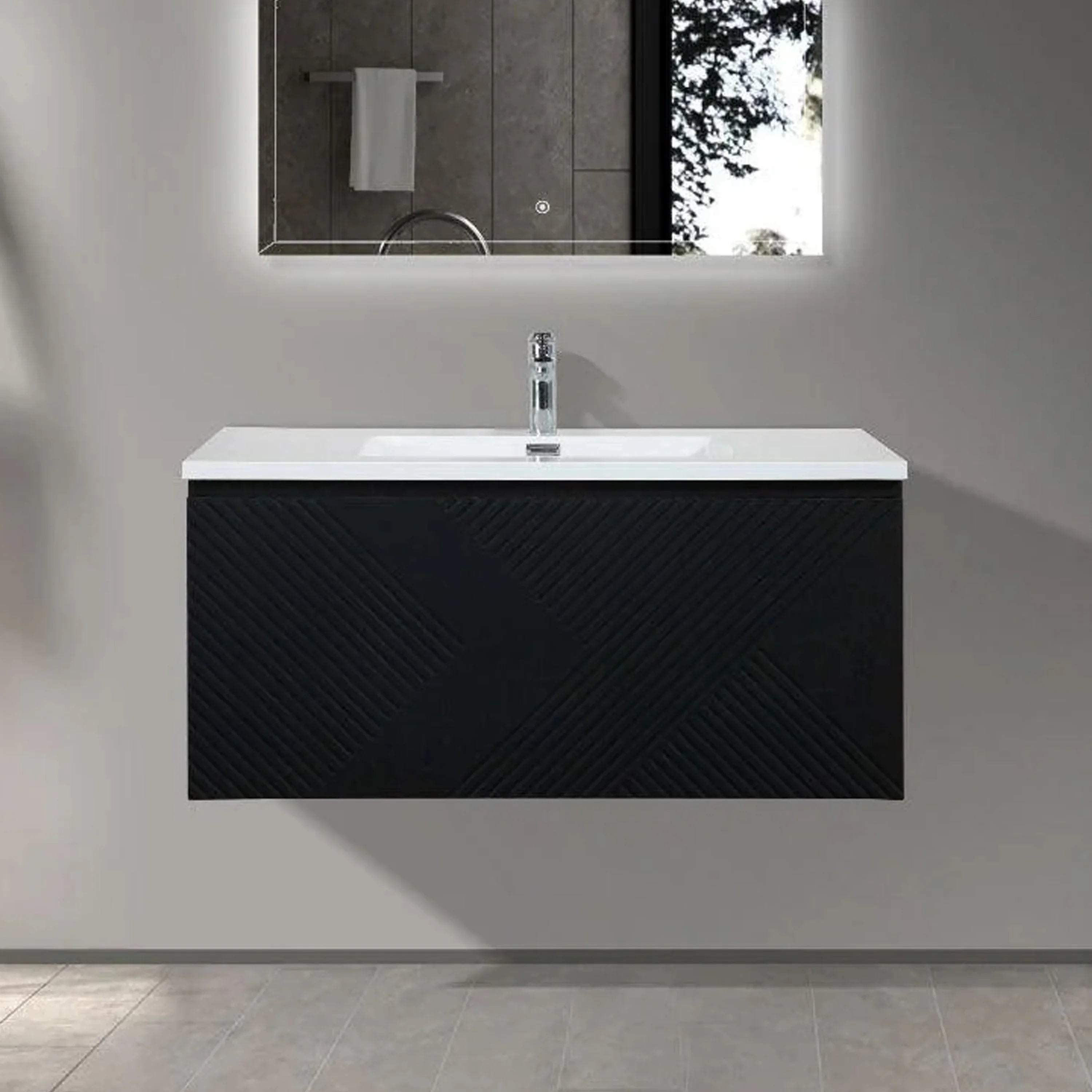 Meuble-lavabo mural noir 40" pour salle de bain avec Comptoir en polymarbre blanc Roxboro