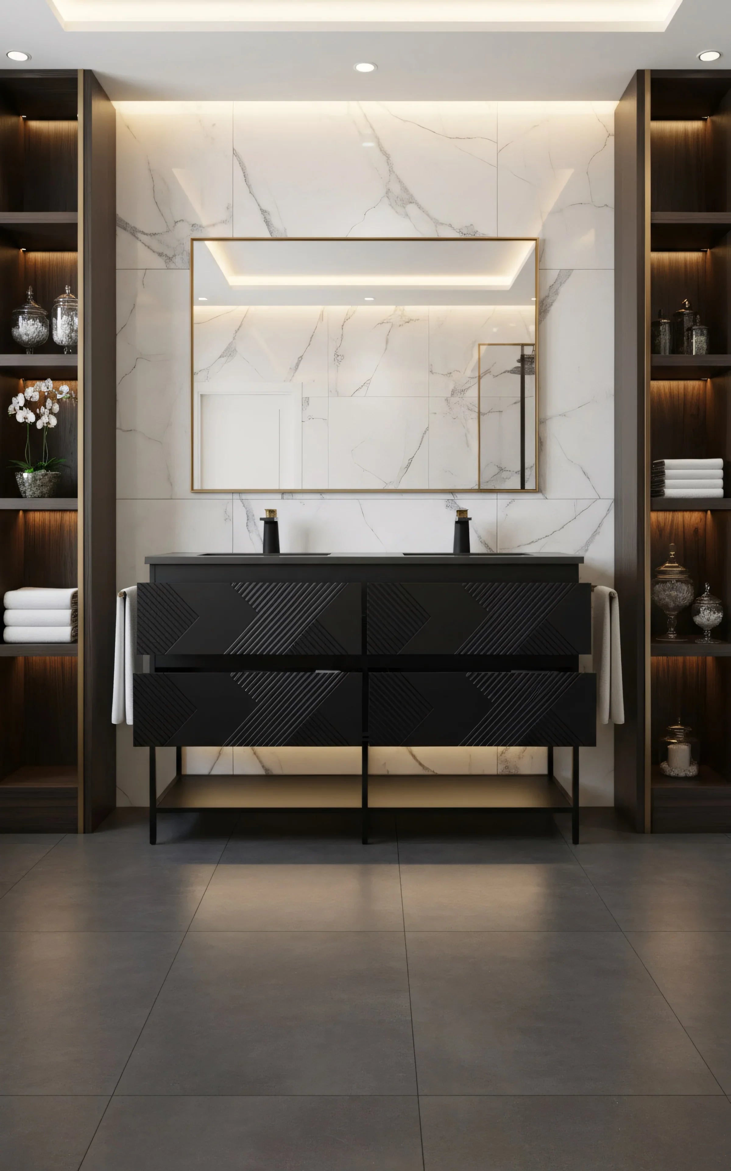 Meuble-Lavabo Double Mural 72po Noir avec Comptoir de Quartz d'ingénierie Noir