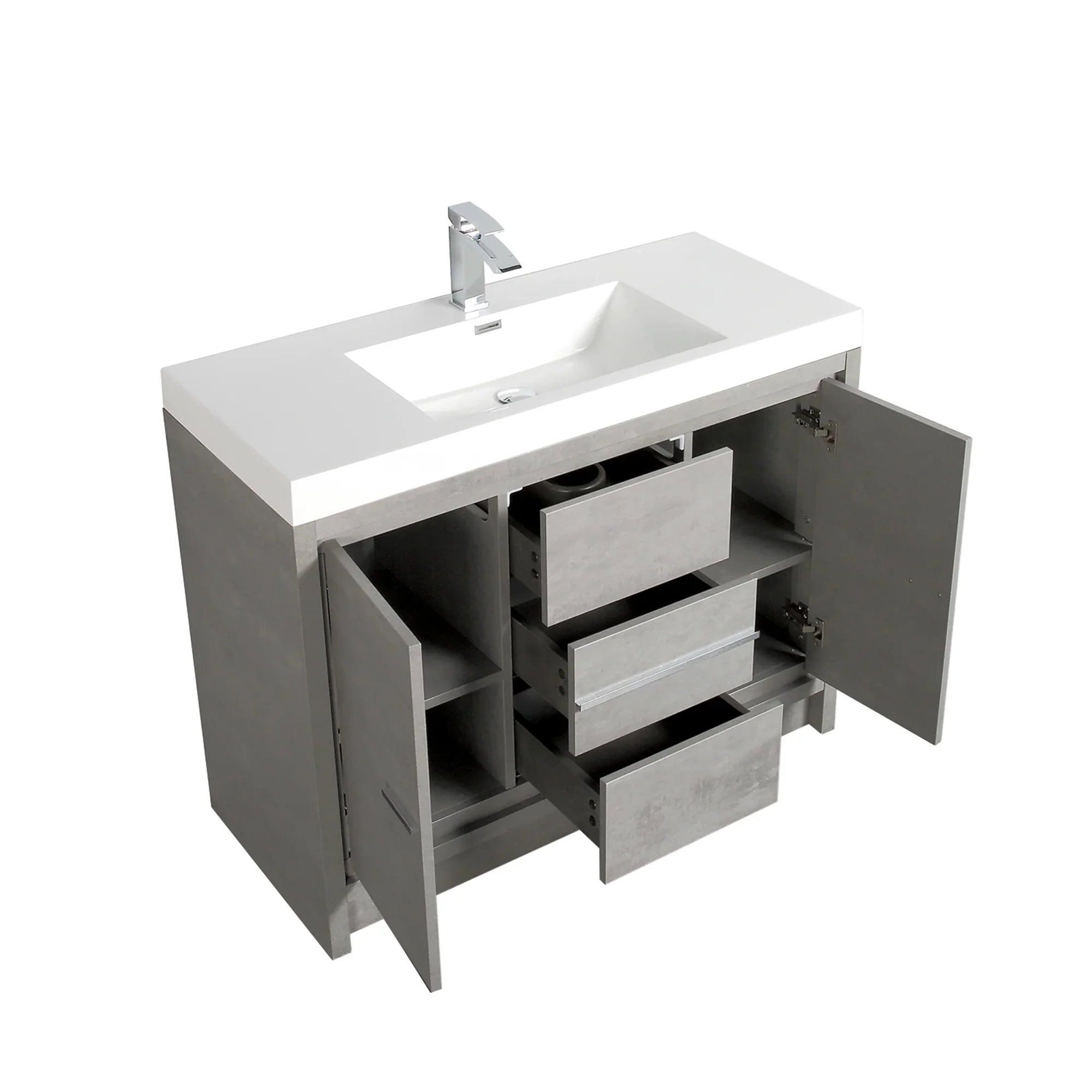 Meuble-Lavabo Autoportant 42po Ciment avec Comptoir de Polymarbre Blanc 