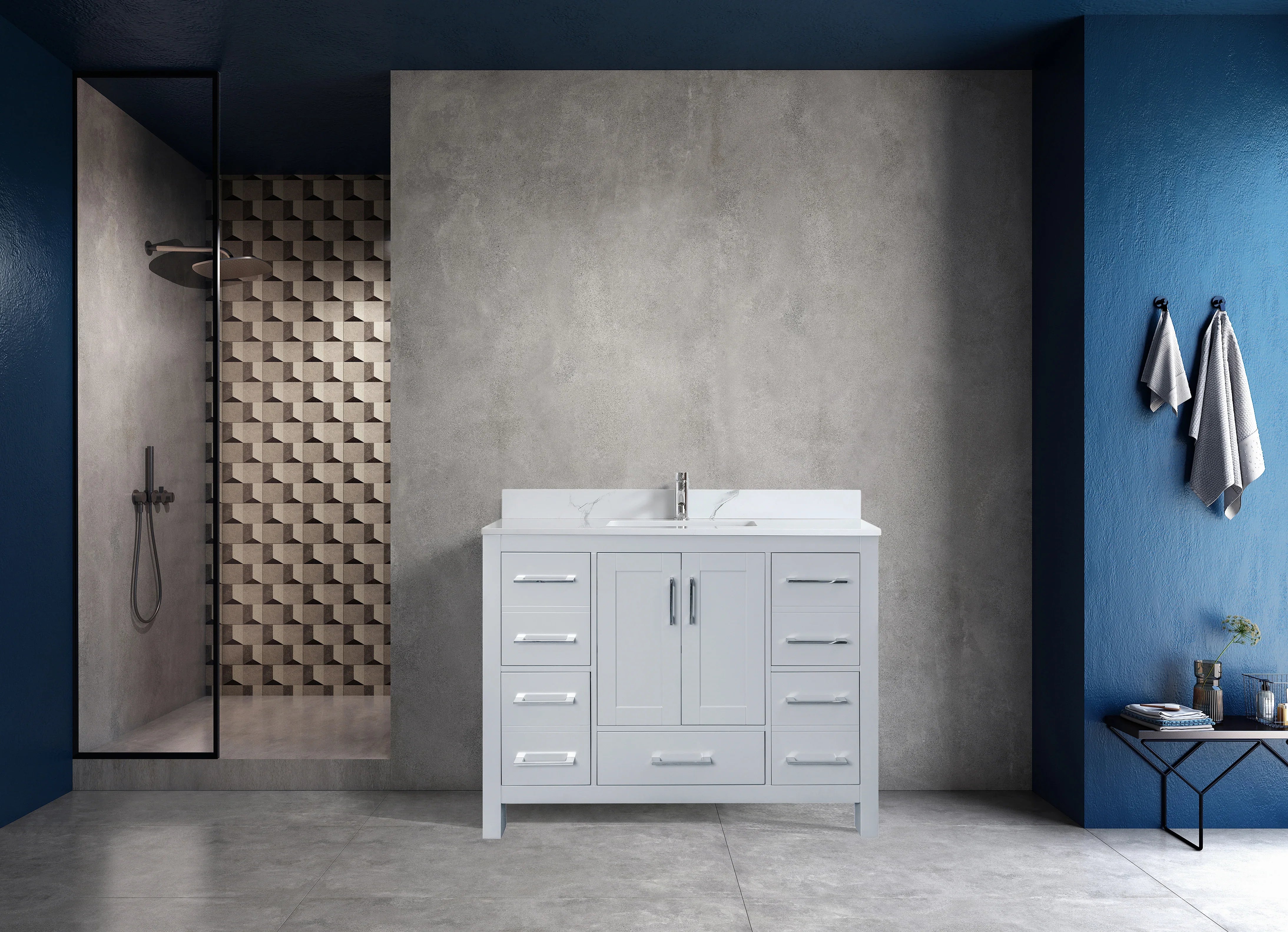 Meuble Lavabo Autoportant Hampton Gris 42po avec Comptoir en Marbre Calcutta