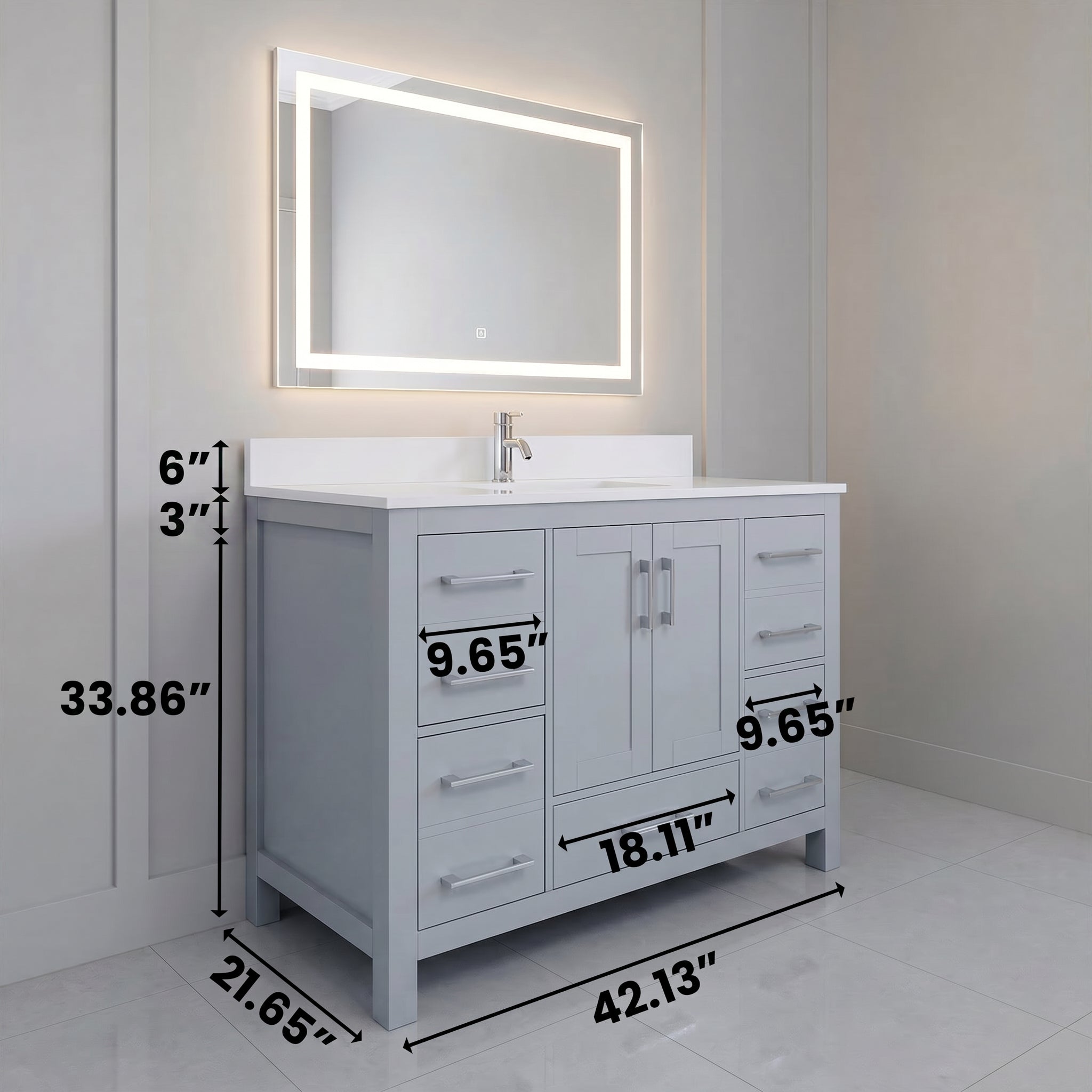 42" Hampton Grey Freestanding Single Sink Bathroom Vanity with Engineered White Marble Countertop