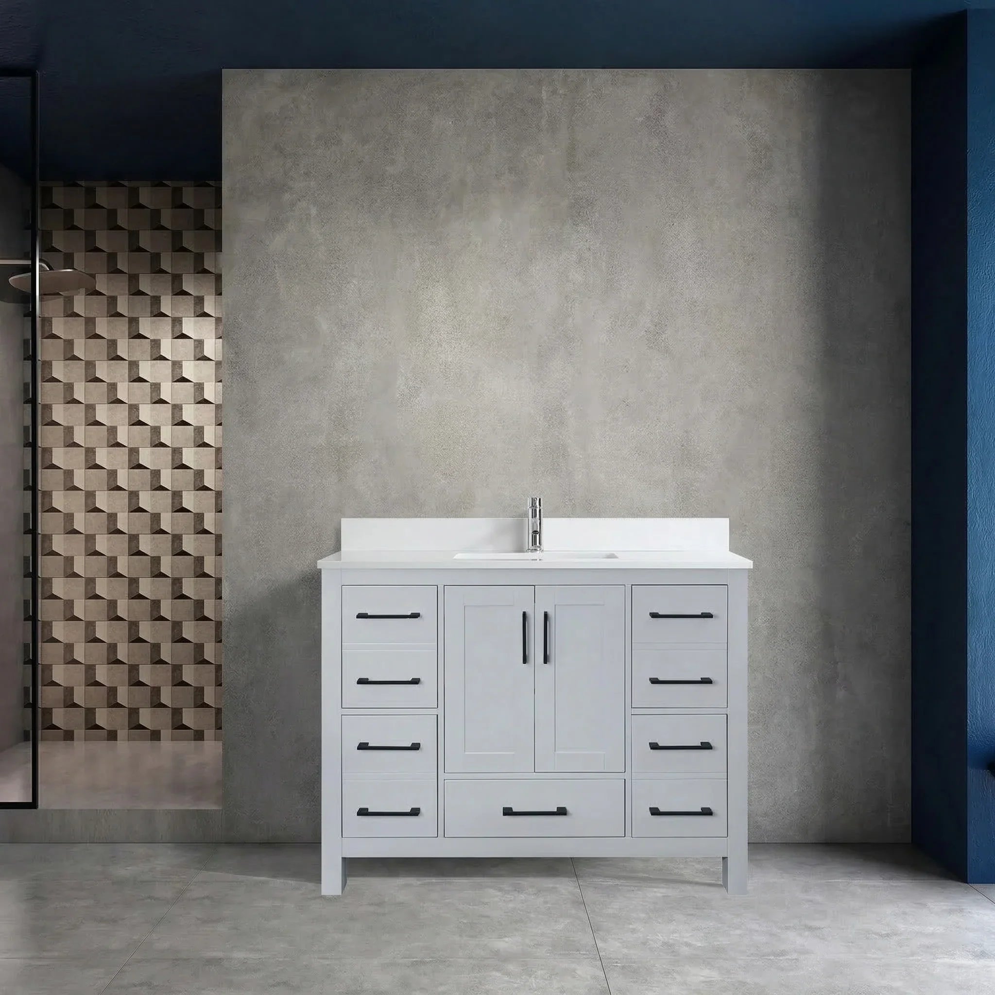 Meuble-lavabo autoportant gris Hampton 42po avec comptoir en marbre blanc reconstitué