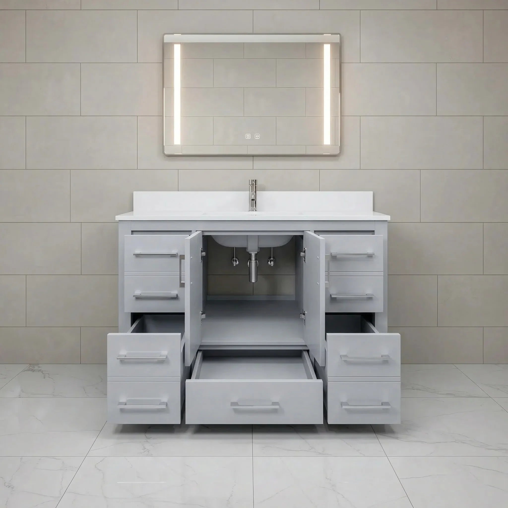 Meuble-lavabo autoportant gris Hampton 42po avec comptoir en marbre blanc reconstitué