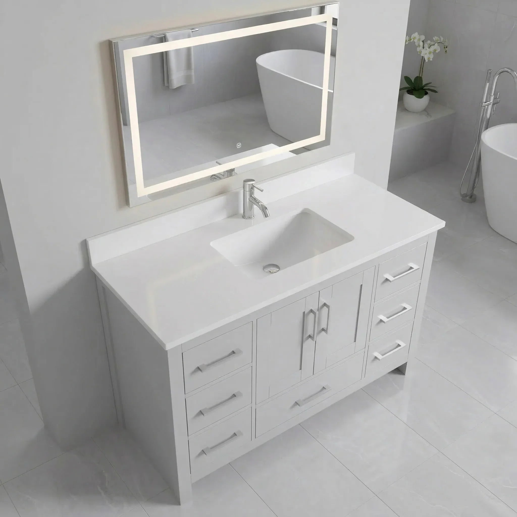 Meuble-lavabo autoportant gris Hampton 42po avec comptoir en marbre blanc reconstitué