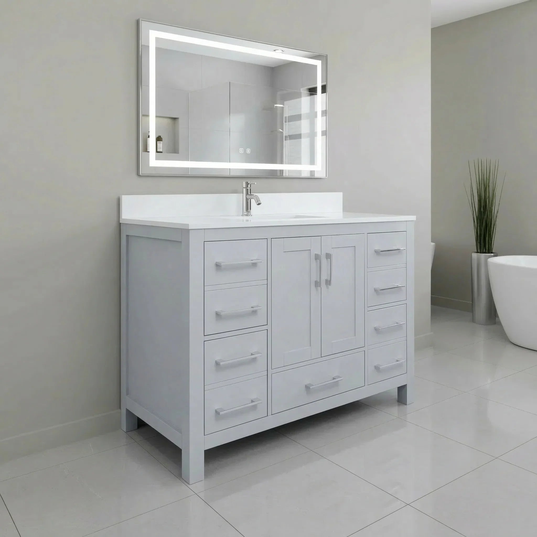 Meuble-lavabo autoportant gris Hampton 42po avec comptoir en marbre blanc reconstitué