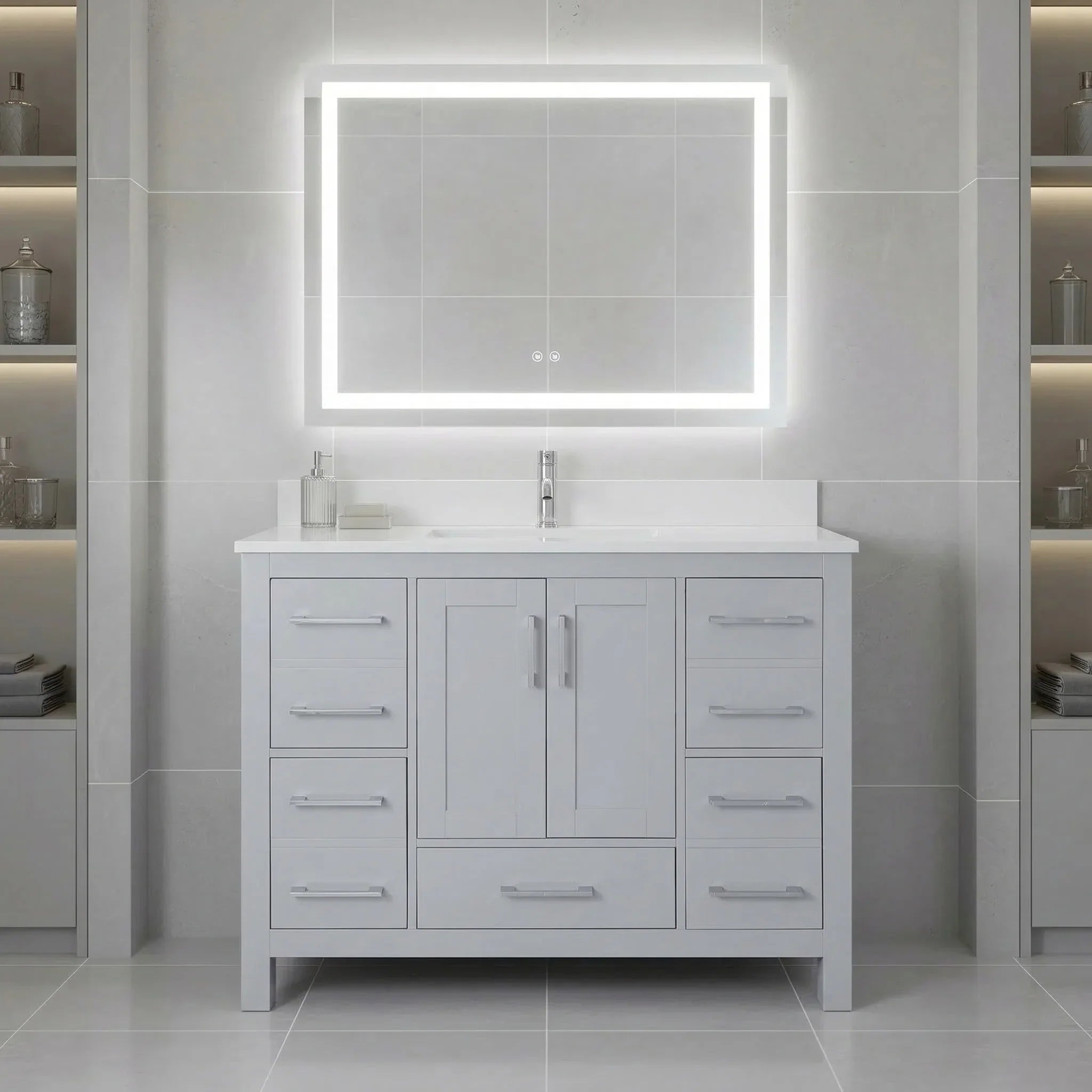 Meuble-lavabo autoportant gris Hampton 42po avec comptoir en marbre blanc reconstitué