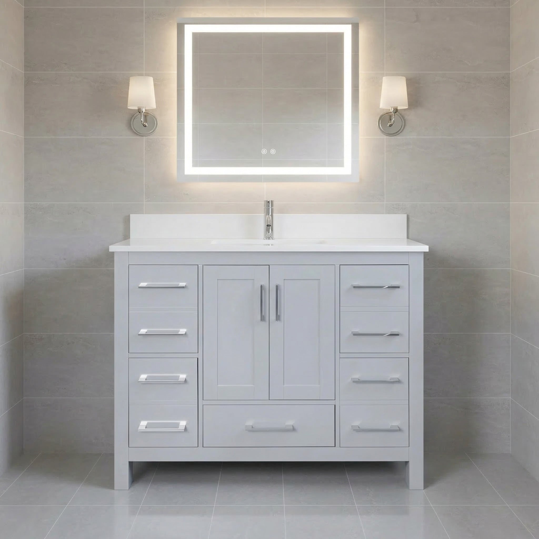 Meuble-lavabo autoportant gris Hampton 42po avec comptoir en marbre blanc reconstitué