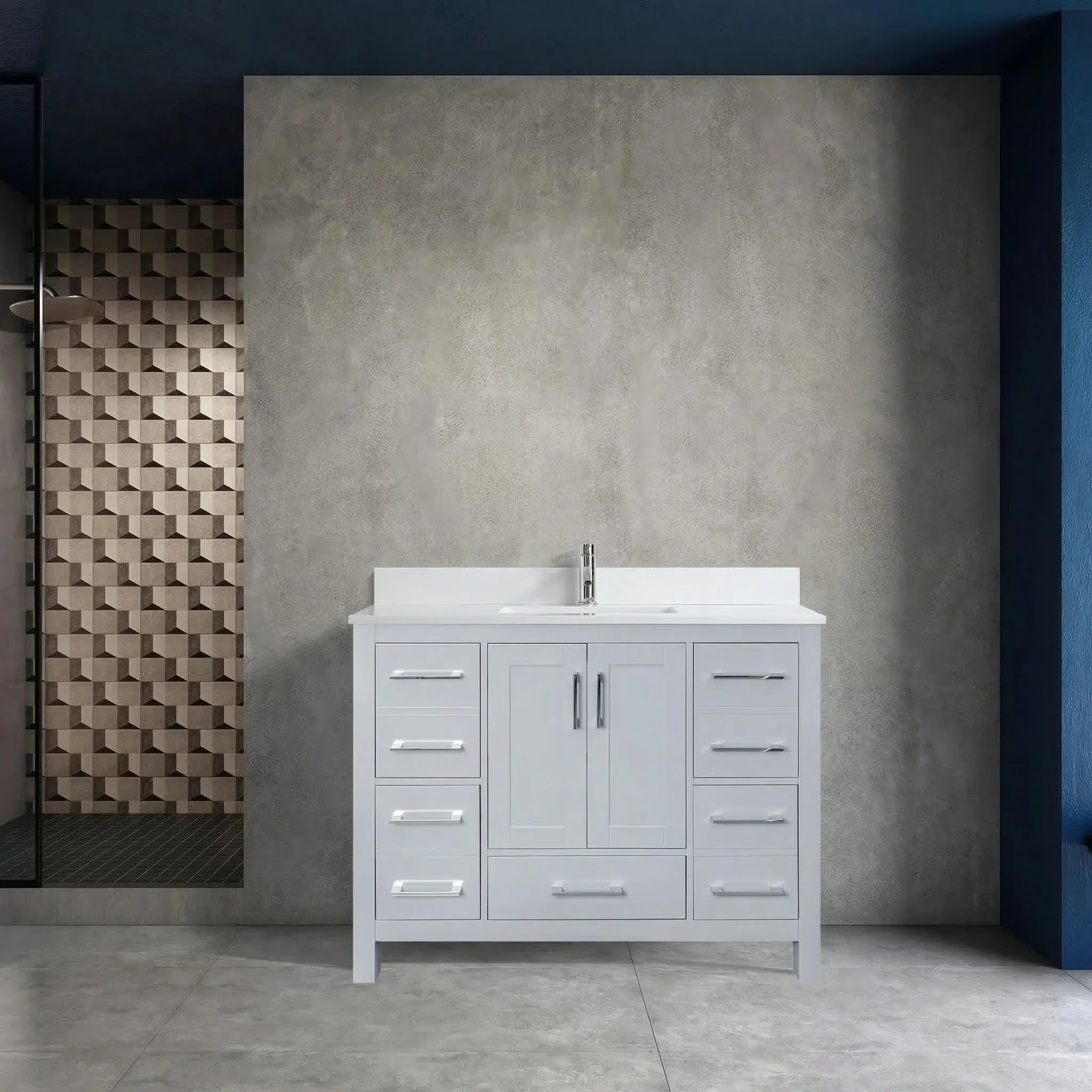 Meuble-lavabo autoportant gris Hampton 42po avec comptoir en marbre blanc reconstitué