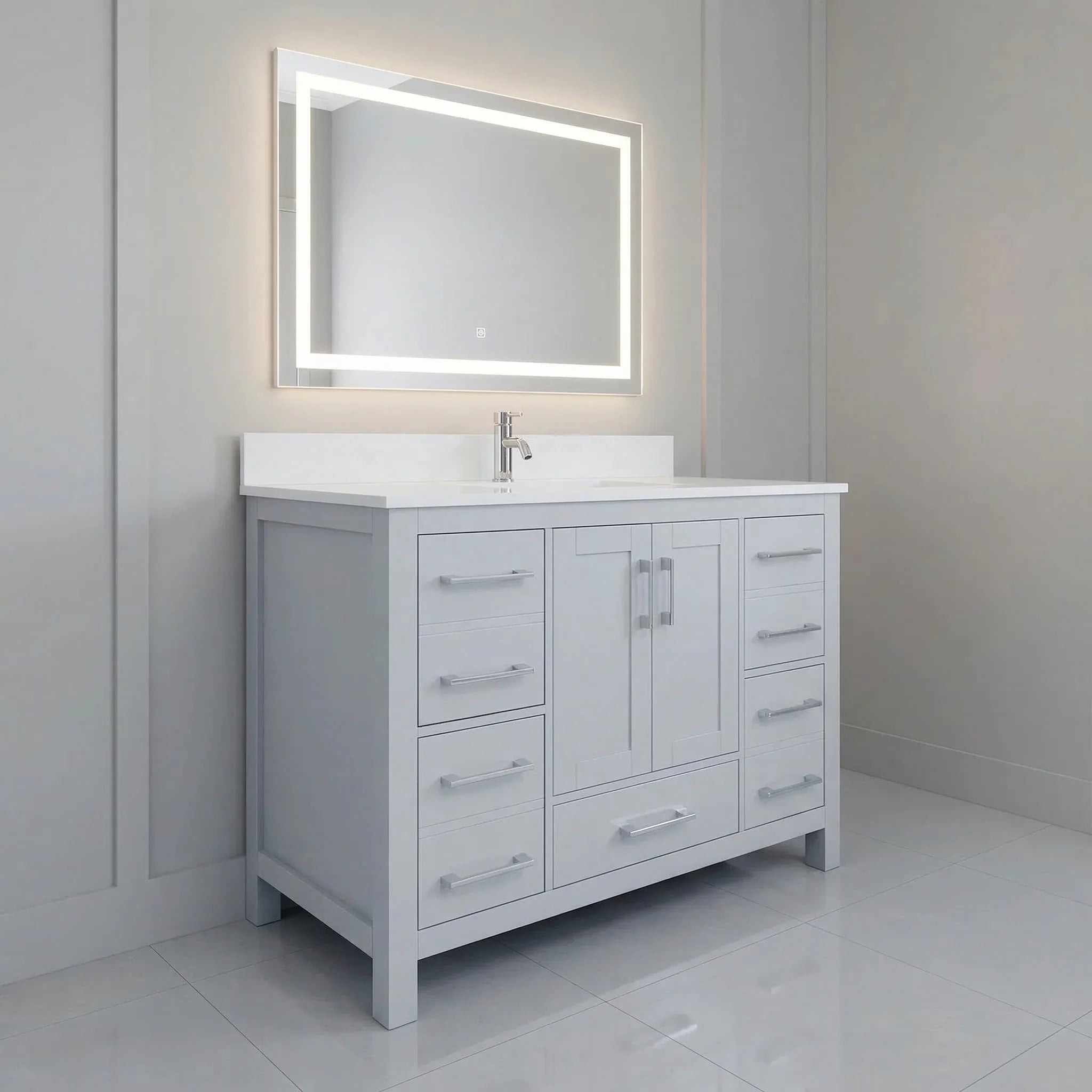 Meuble-lavabo autoportant gris Hampton 42po avec comptoir en marbre blanc reconstitué