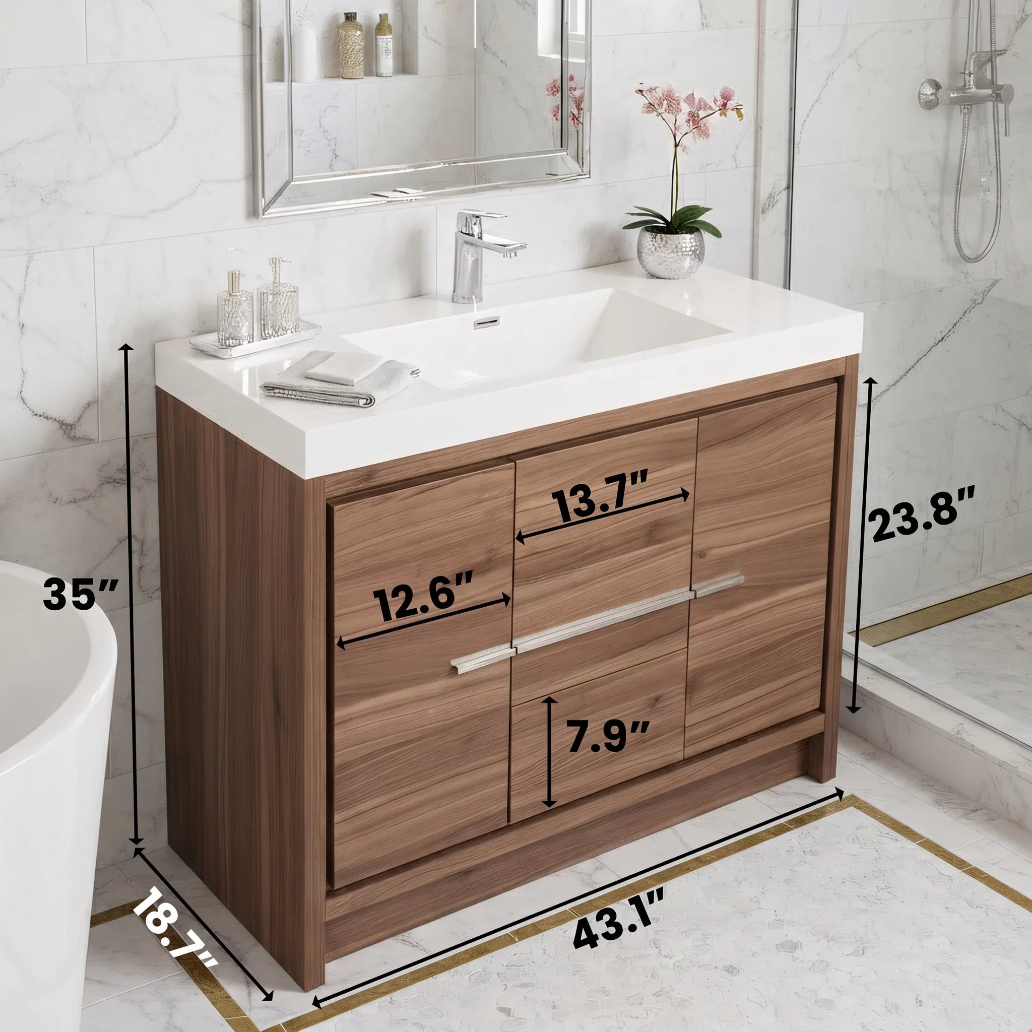 42" Walnut Freestanding Bathroom Vanity with White Polymarble Countertop