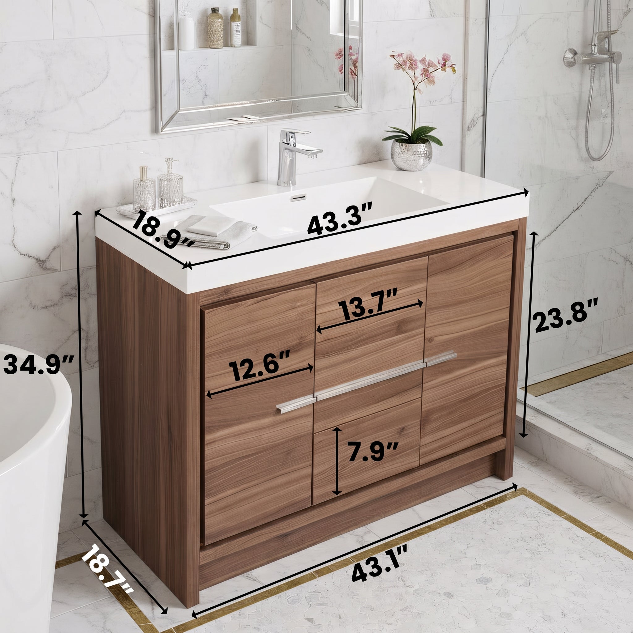 Meuble-lavabo de salle de bain autoportant en noyer de 42" avec Comptoir en polymarbre blanc