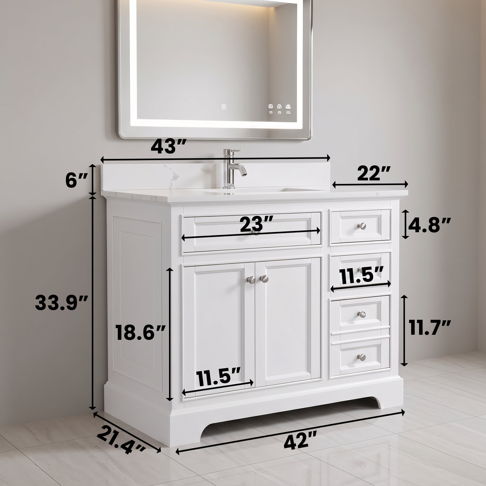 42" White Freestanding Single Sink Bathroom Vanity with Engineered Calcutta Marble Countertop