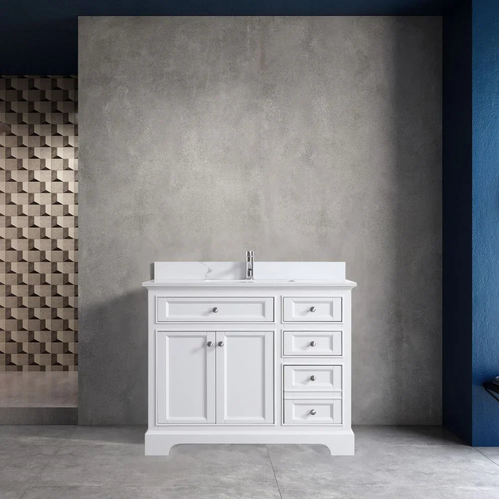 42" White Freestanding Single Sink Bathroom Vanity with Engineered Calcutta Marble Countertop