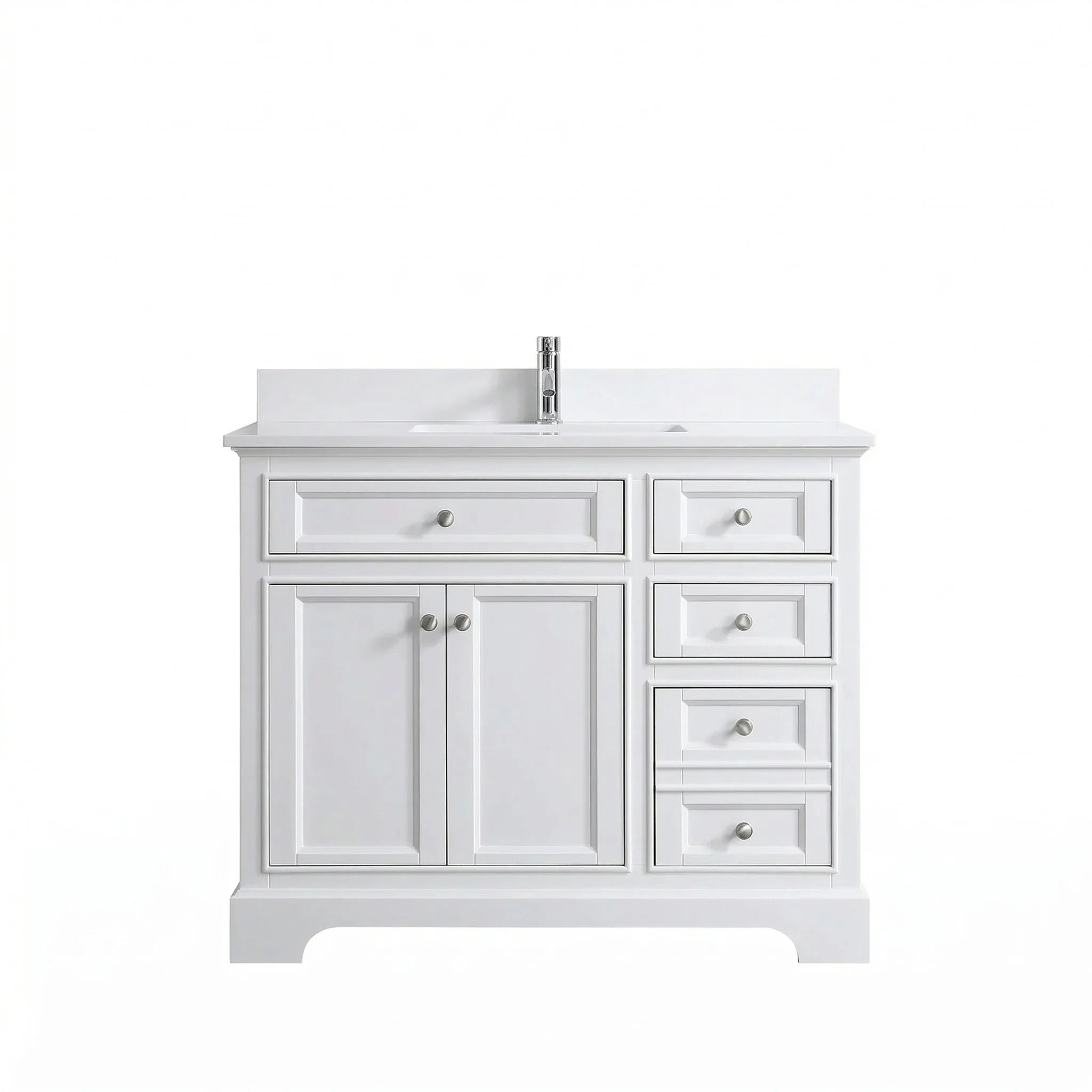 42" White Freestanding Single Sink Bathroom Vanity with Engineered White Marble Countertop
