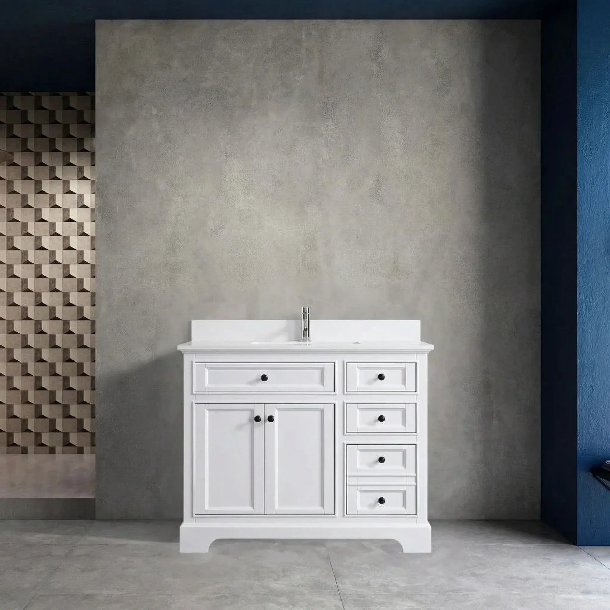 42" White Freestanding Single Sink Bathroom Vanity with Engineered White Marble Countertop