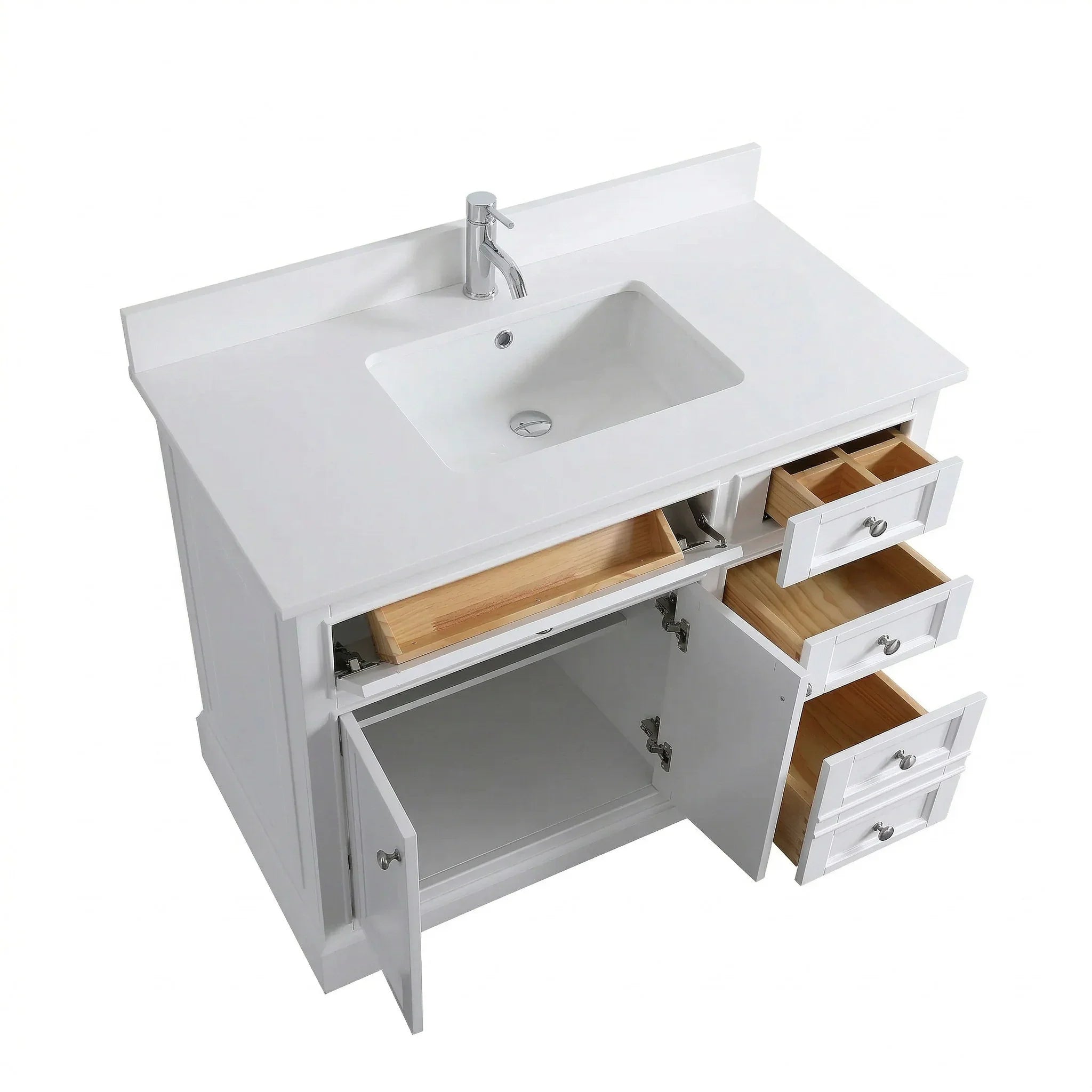 42" White Freestanding Single Sink Bathroom Vanity with Engineered White Marble Countertop