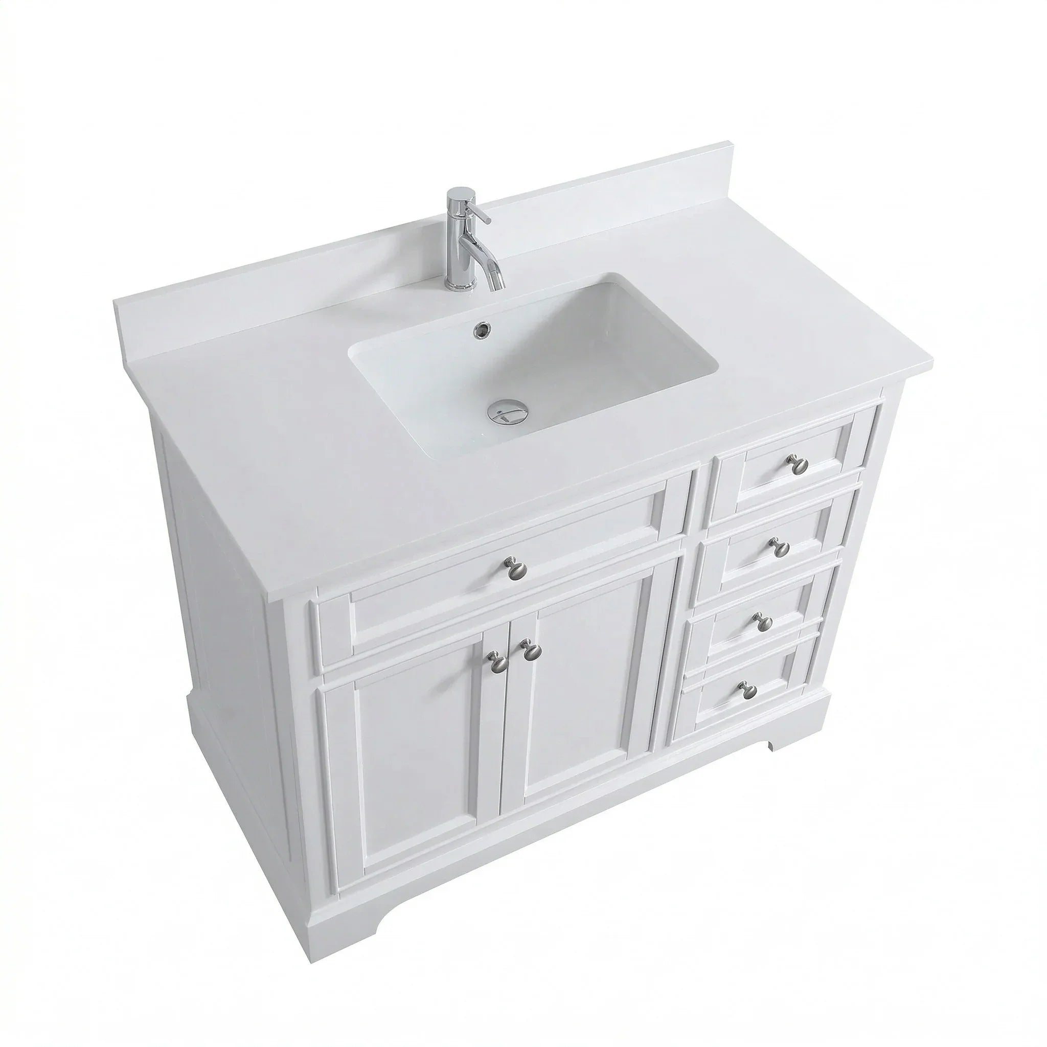 42" White Freestanding Single Sink Bathroom Vanity with Engineered White Marble Countertop