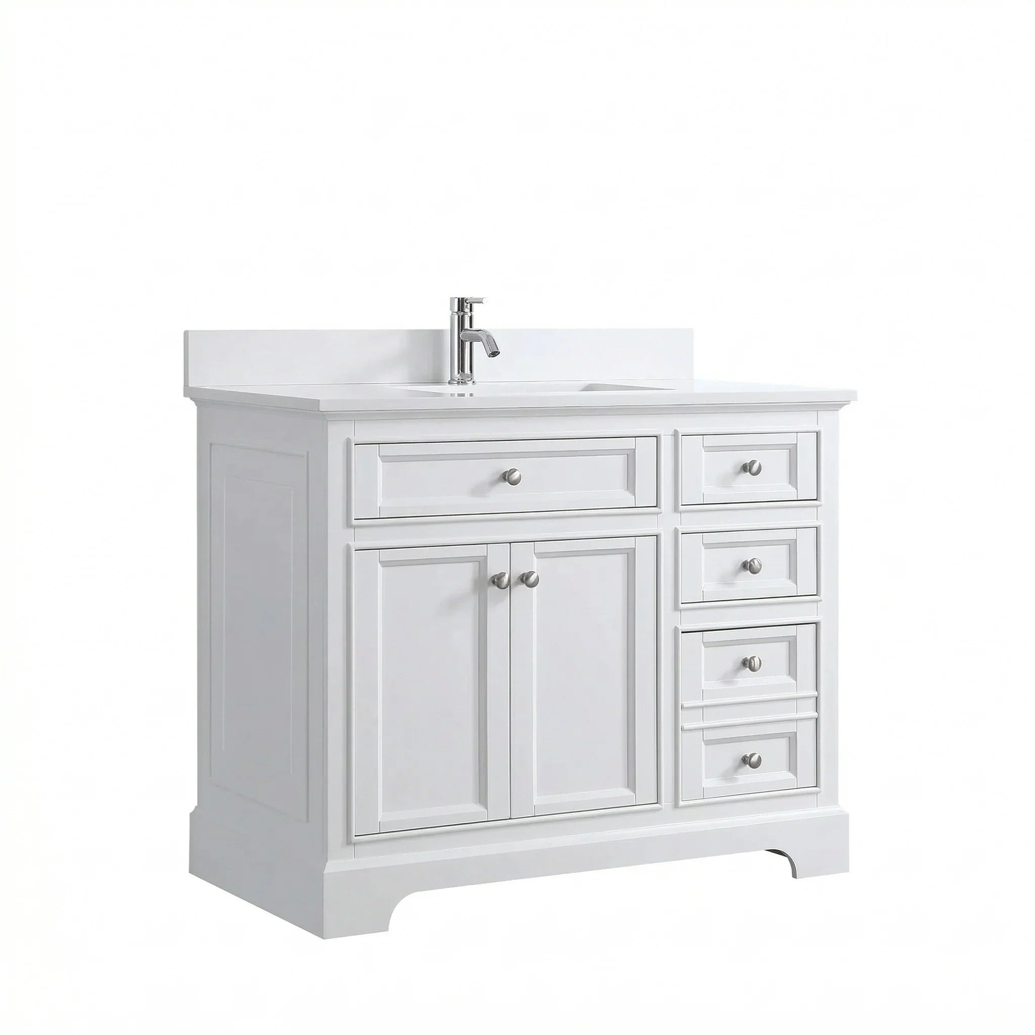 42" White Freestanding Single Sink Bathroom Vanity with Engineered White Marble Countertop