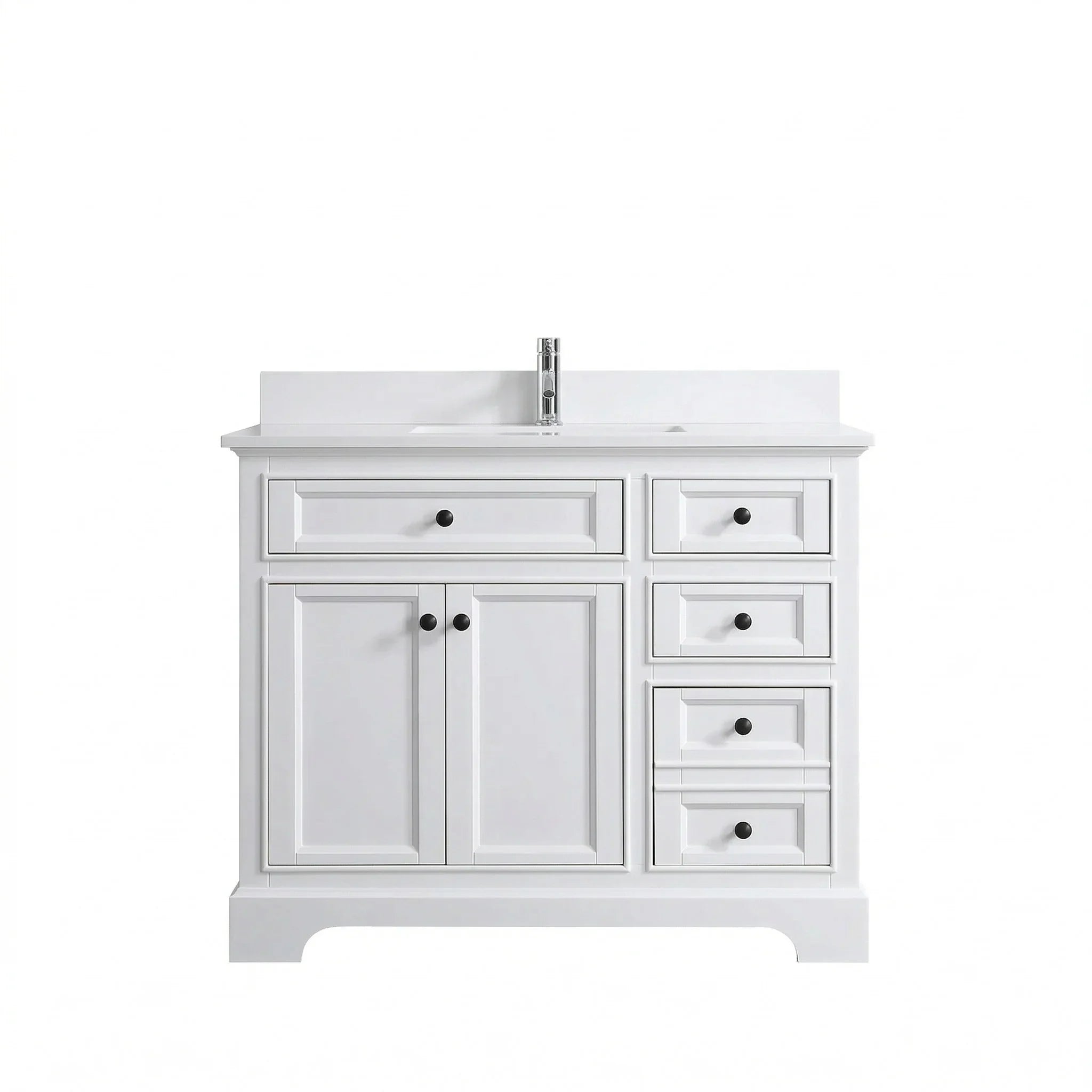 42" White Freestanding Single Sink Bathroom Vanity with Engineered White Marble Countertop