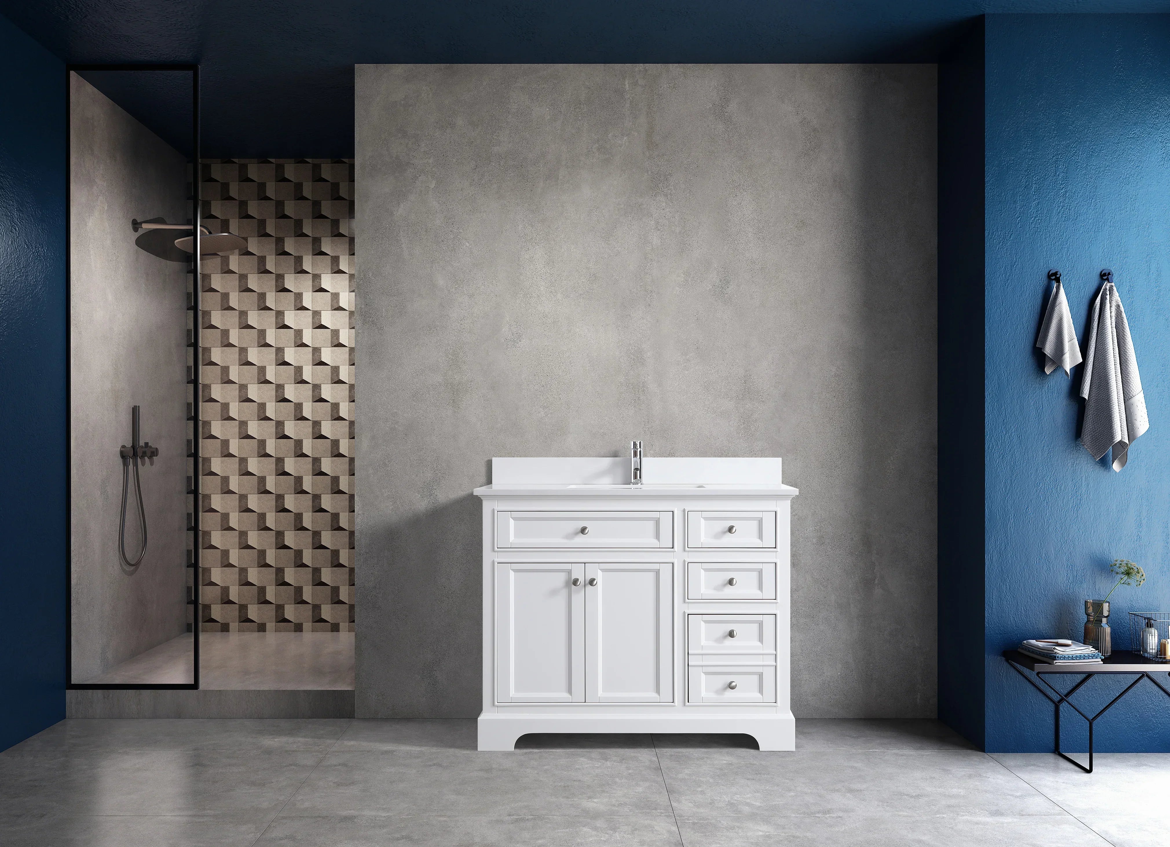 42" White Freestanding Bathroom Vanity with Solid White Quartz Countertop