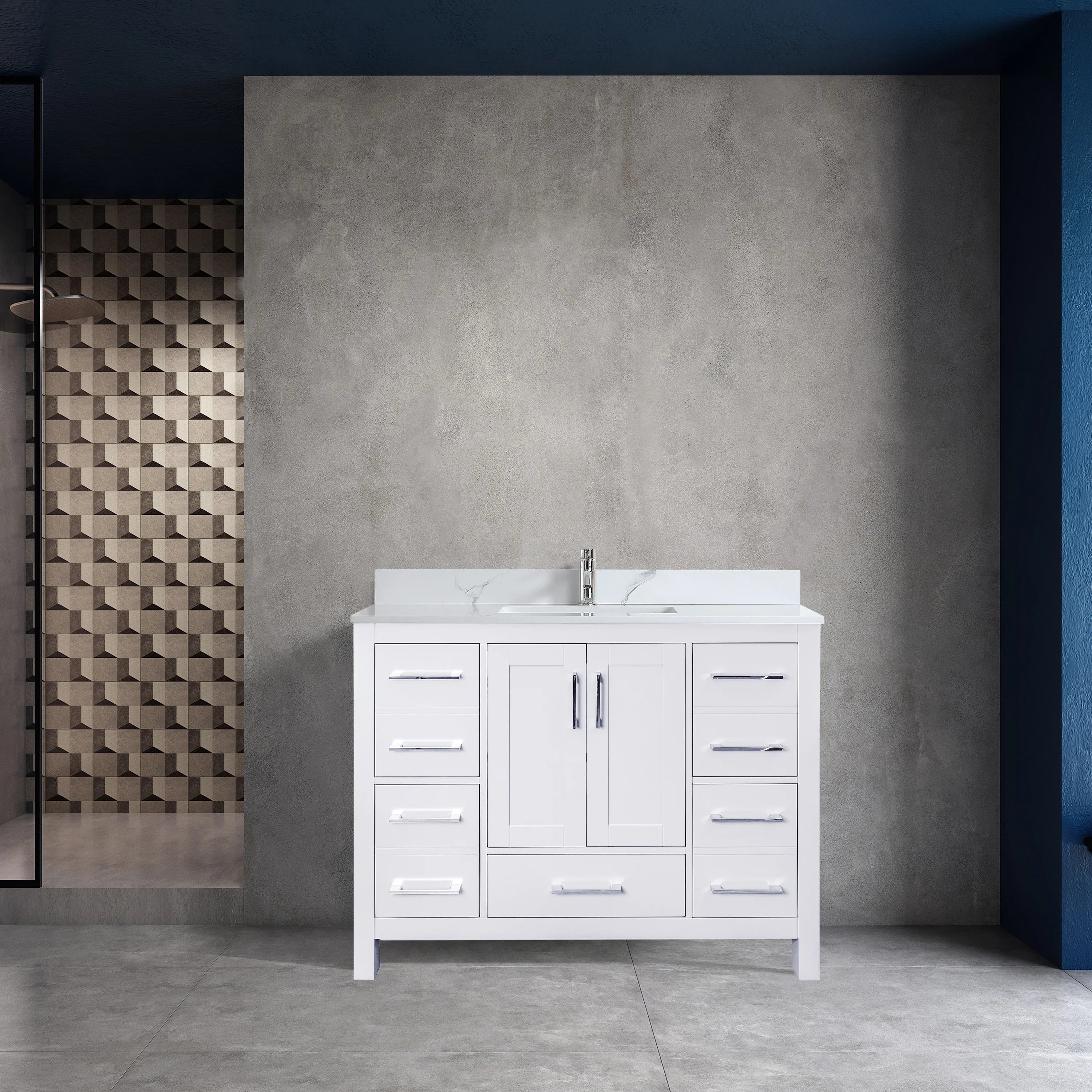 42" White Freestanding Bathroom Vanity with Engineered Calcutta Marble Countertop