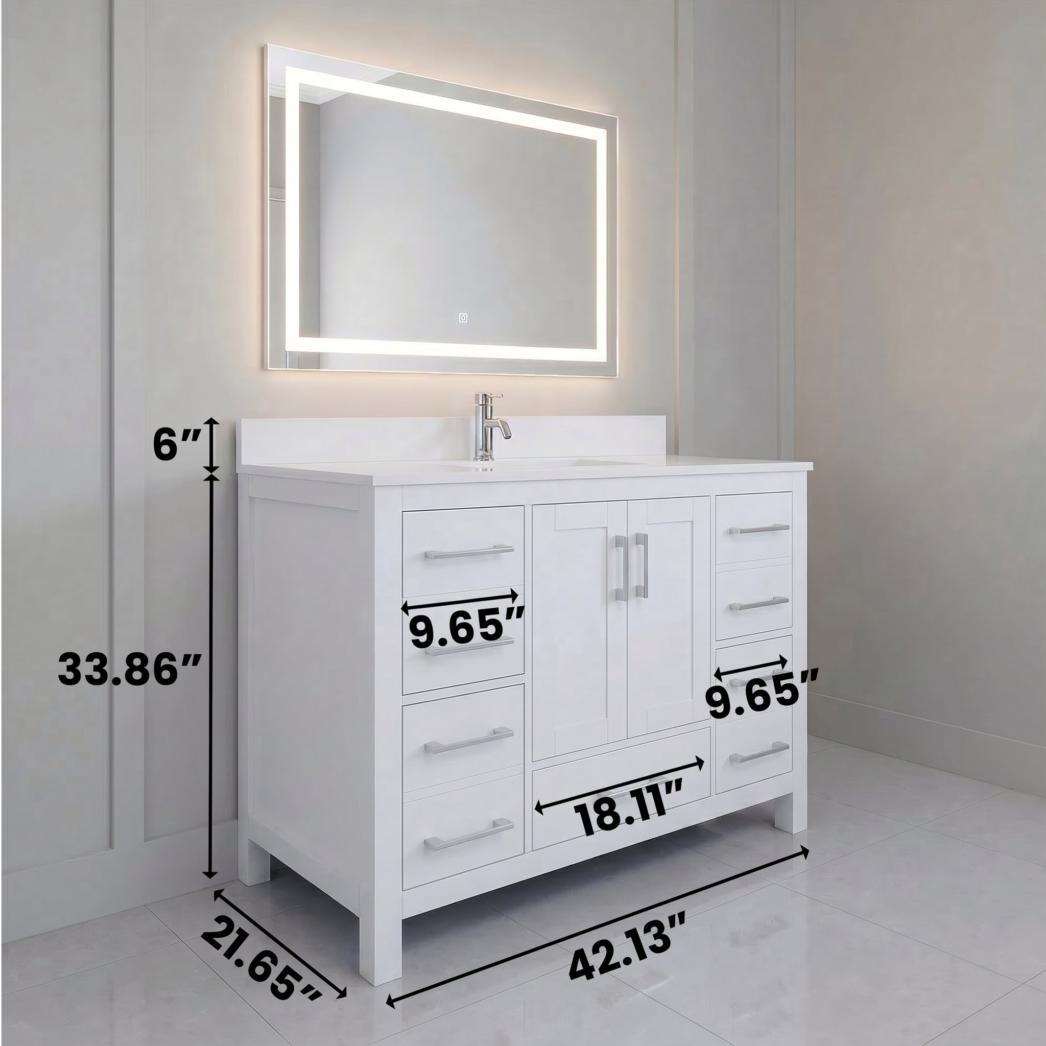 42" White Freestanding Single Sink Bathroom Vanity with Engineered White Marble Countertop