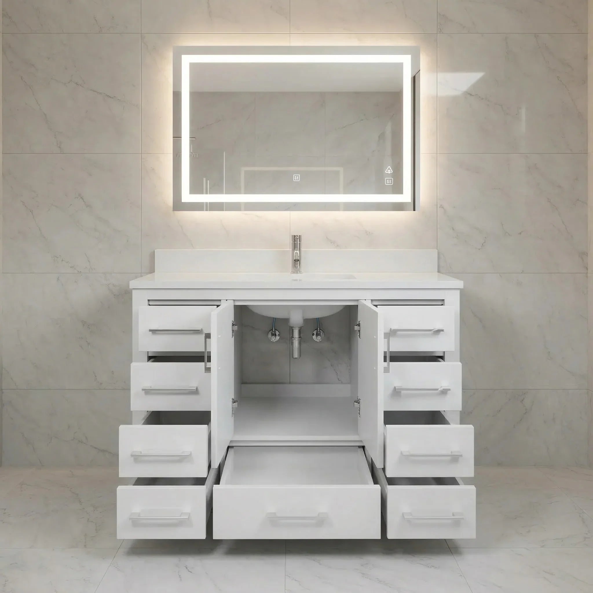 42" White Freestanding Single Sink Bathroom Vanity with Engineered White Marble Countertop