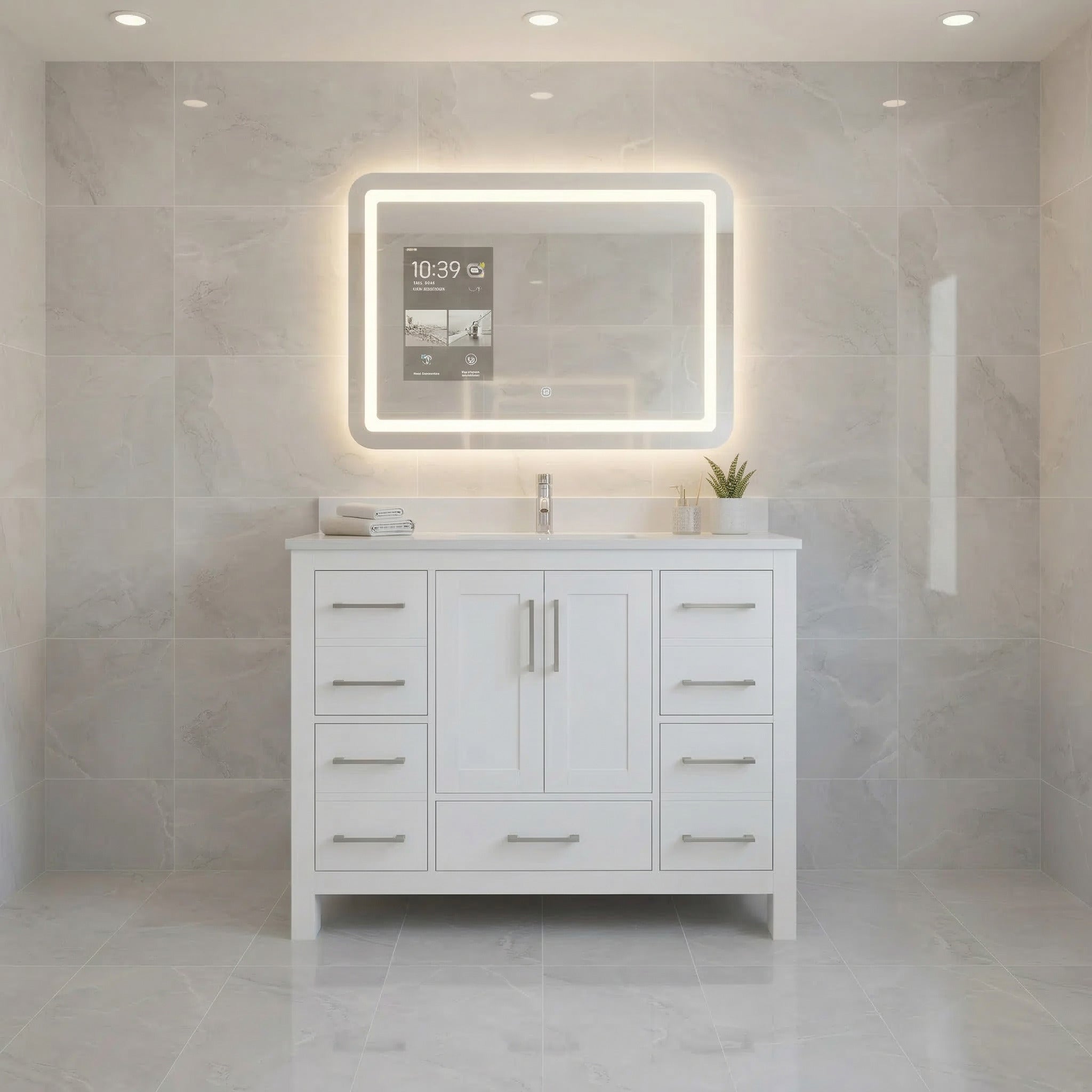 Meuble-lavabo autoportant blanc 42po avec comptoir en marbre blanc reconstitué