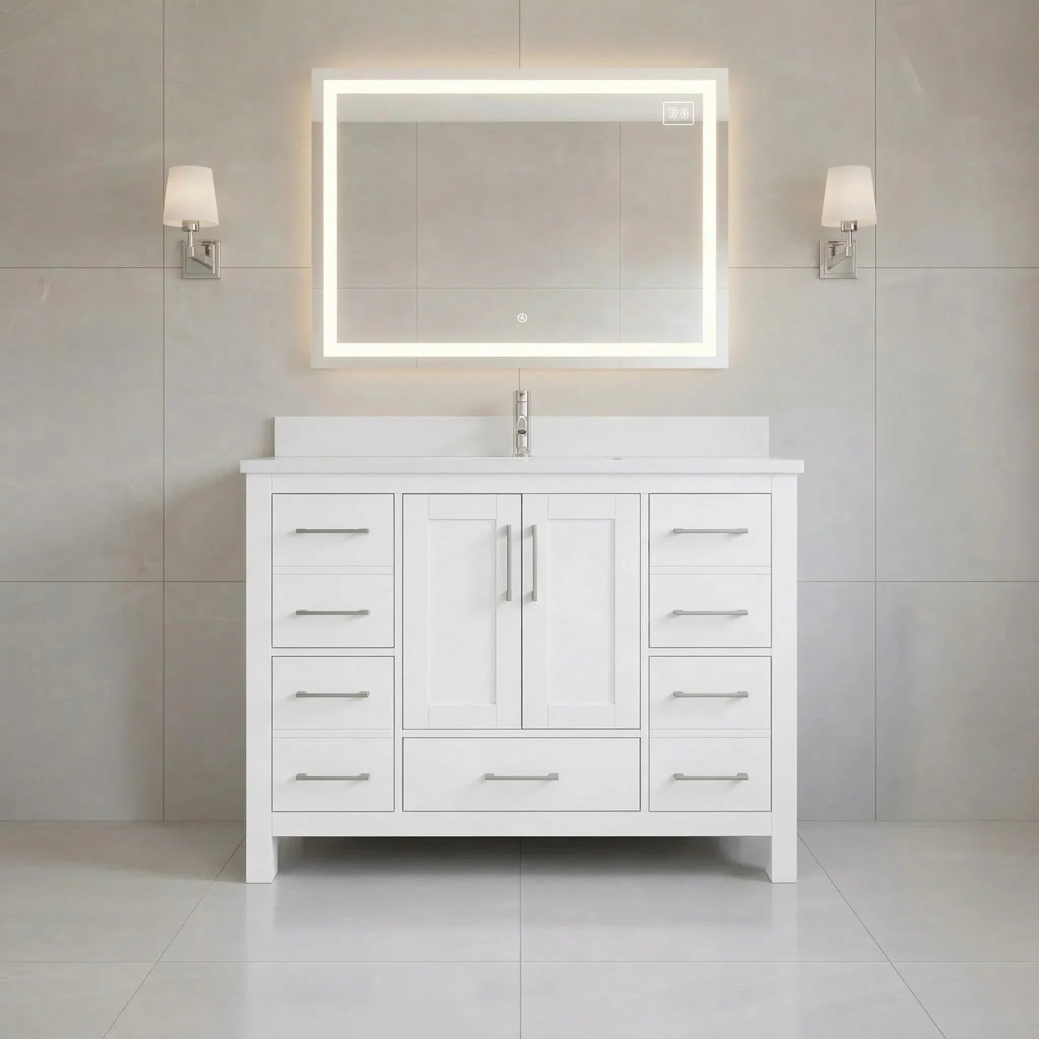 42" White Freestanding Single Sink Bathroom Vanity with Engineered White Marble Countertop