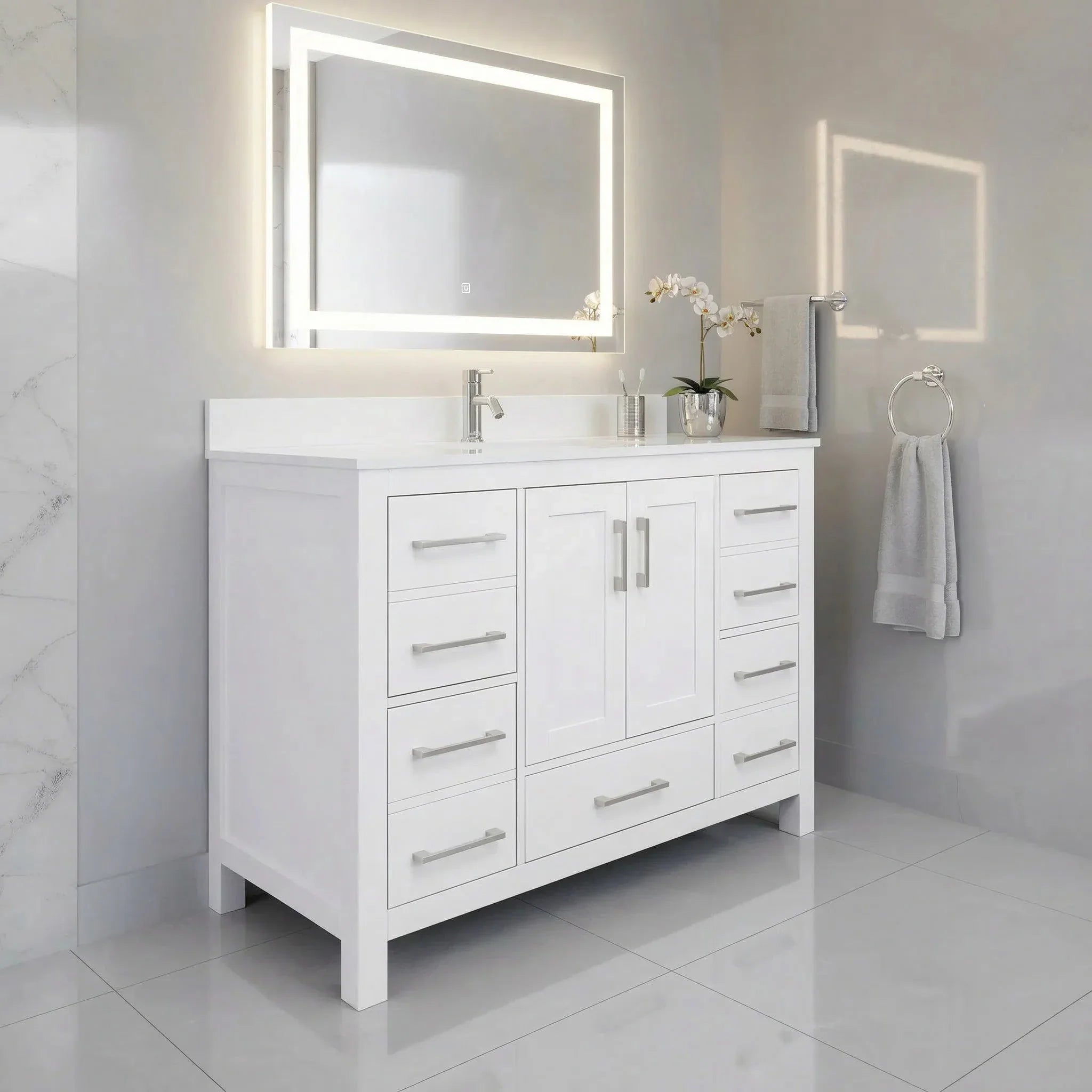 42" White Freestanding Single Sink Bathroom Vanity with Engineered White Marble Countertop