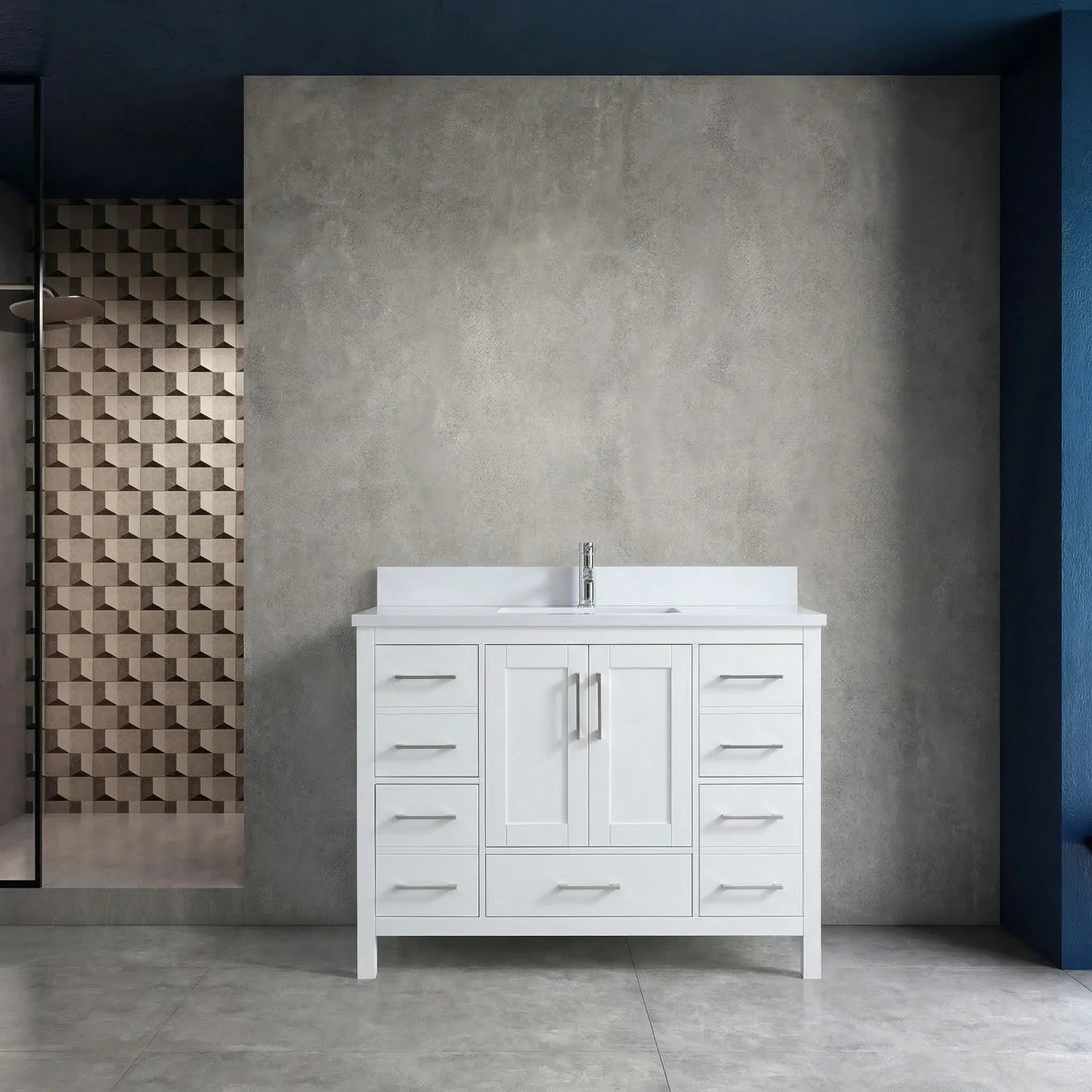 42" White Freestanding Single Sink Bathroom Vanity with Engineered White Marble Countertop