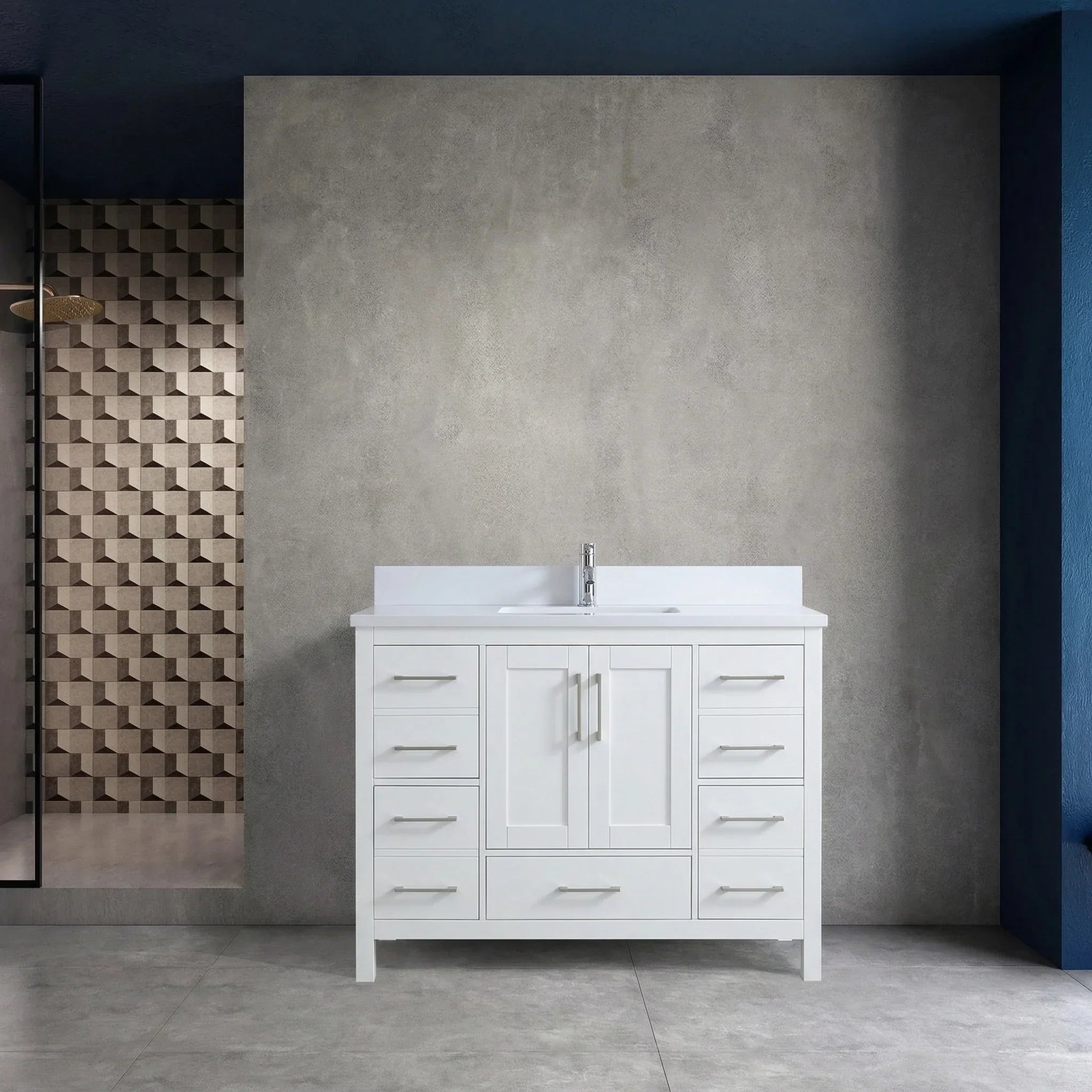 42" White Freestanding Single Sink Bathroom Vanity with Engineered White Marble Countertop