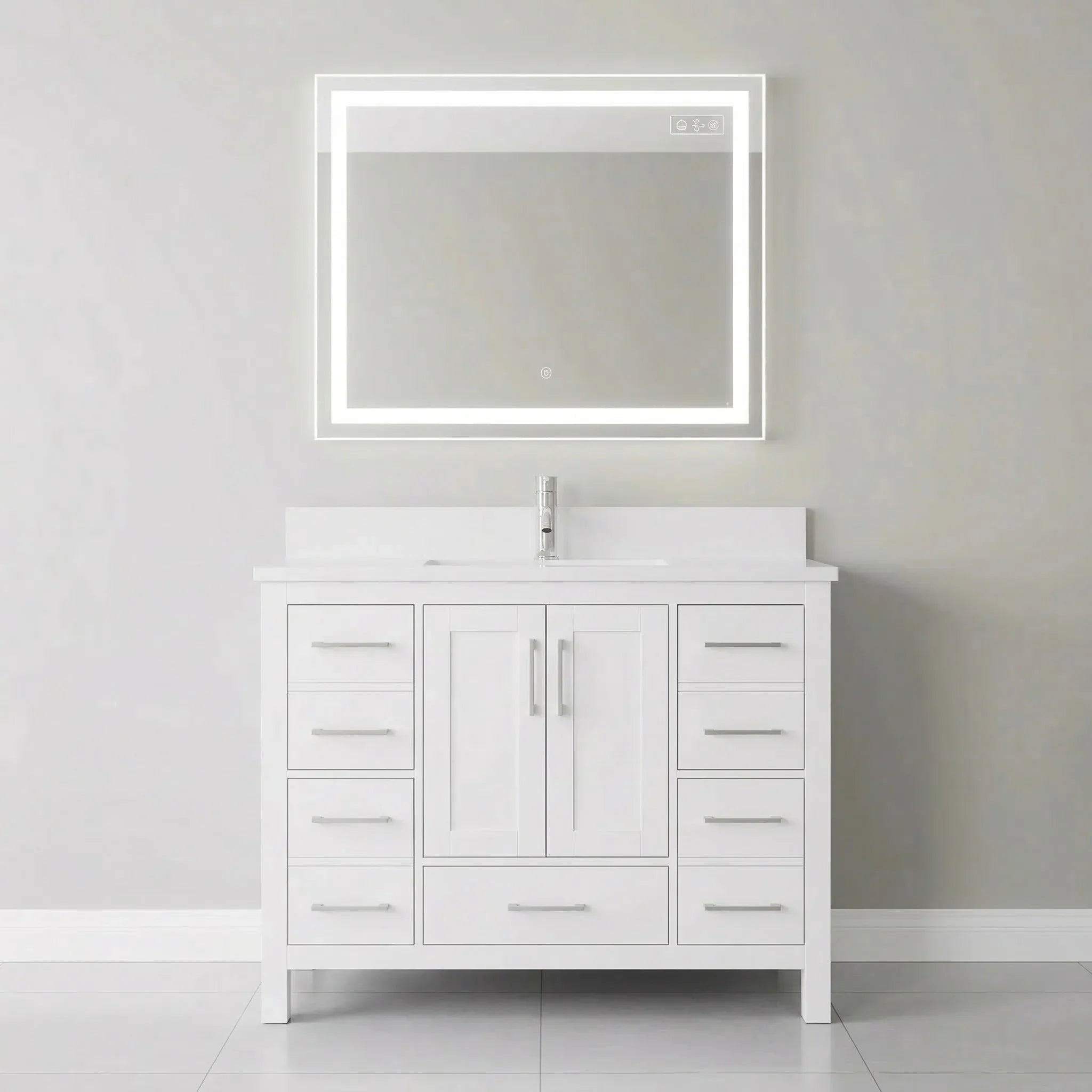 42" White Freestanding Single Sink Bathroom Vanity with Engineered White Marble Countertop