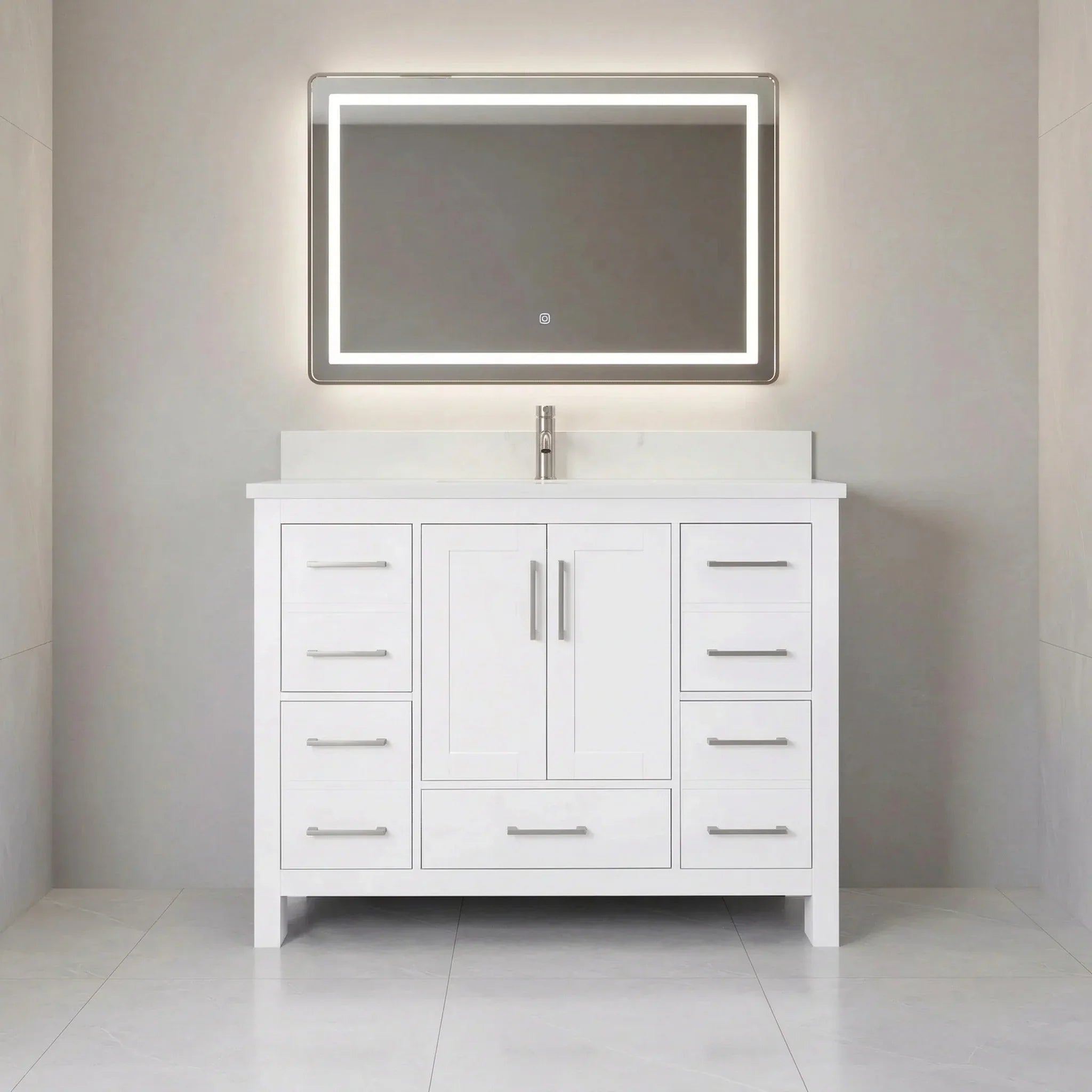 42" White Freestanding Single Sink Bathroom Vanity with Engineered White Marble Countertop