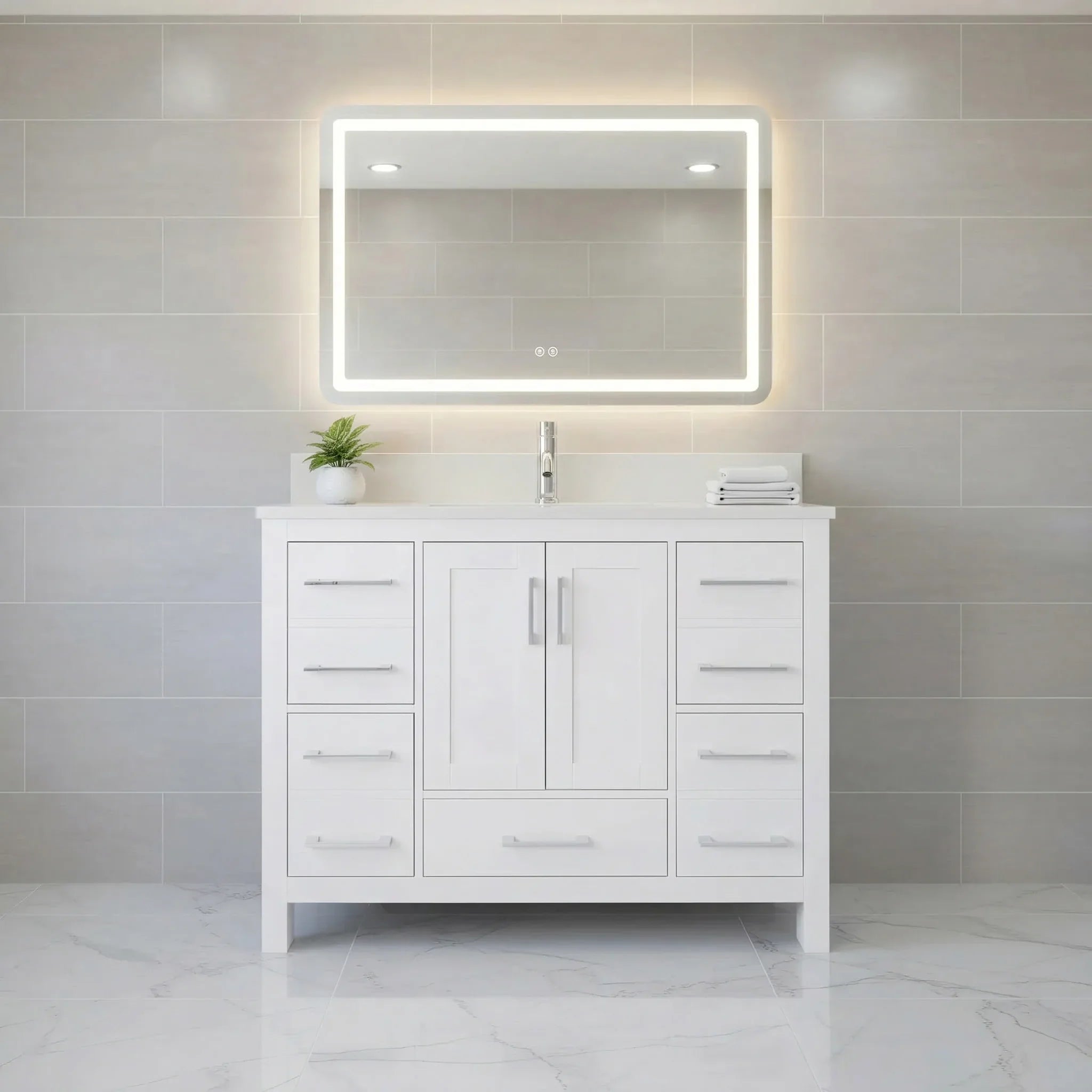 42" White Freestanding Single Sink Bathroom Vanity with Engineered White Marble Countertop