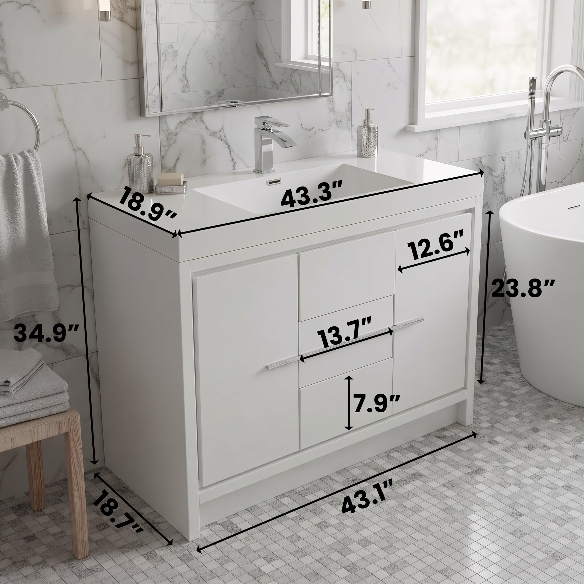 42" Glossy White Freestanding Bathroom Vanity with White Polymarble Countertop