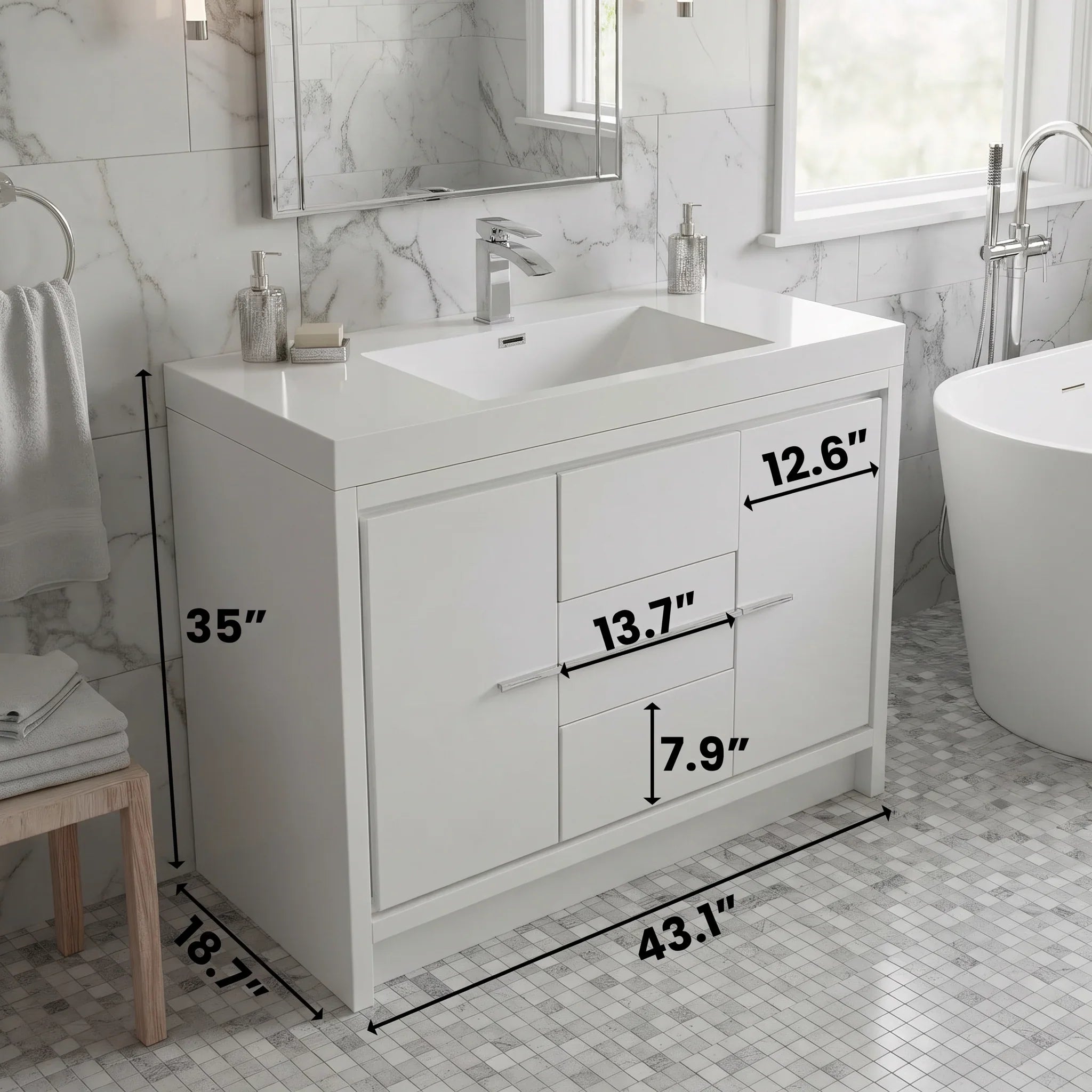 42" Glossy White Freestanding Bathroom Vanity with White Polymarble Countertop