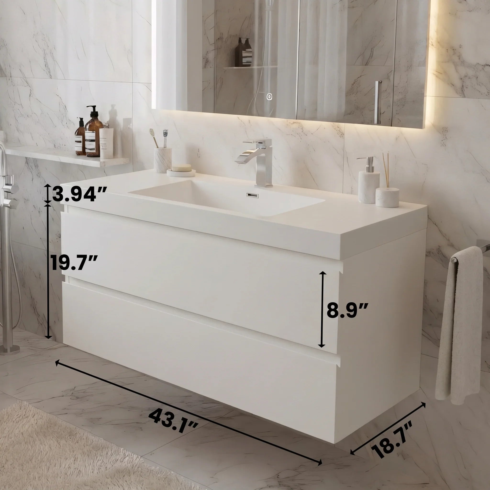 42" Glossy White Wall Mount Bathroom Vanity with White Polymarble Countertop