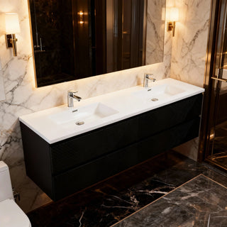 Meuble-lavabo double noir de 72" à fixer au mur avec Comptoir en polymarbre blanc