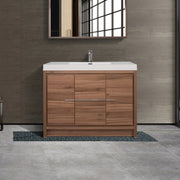 42" Walnut Freestanding Bathroom Vanity with White Polymarble Countertop