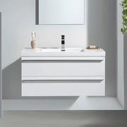 42" White Wall Mount Bathroom Vanity with White Polymarble Countertop