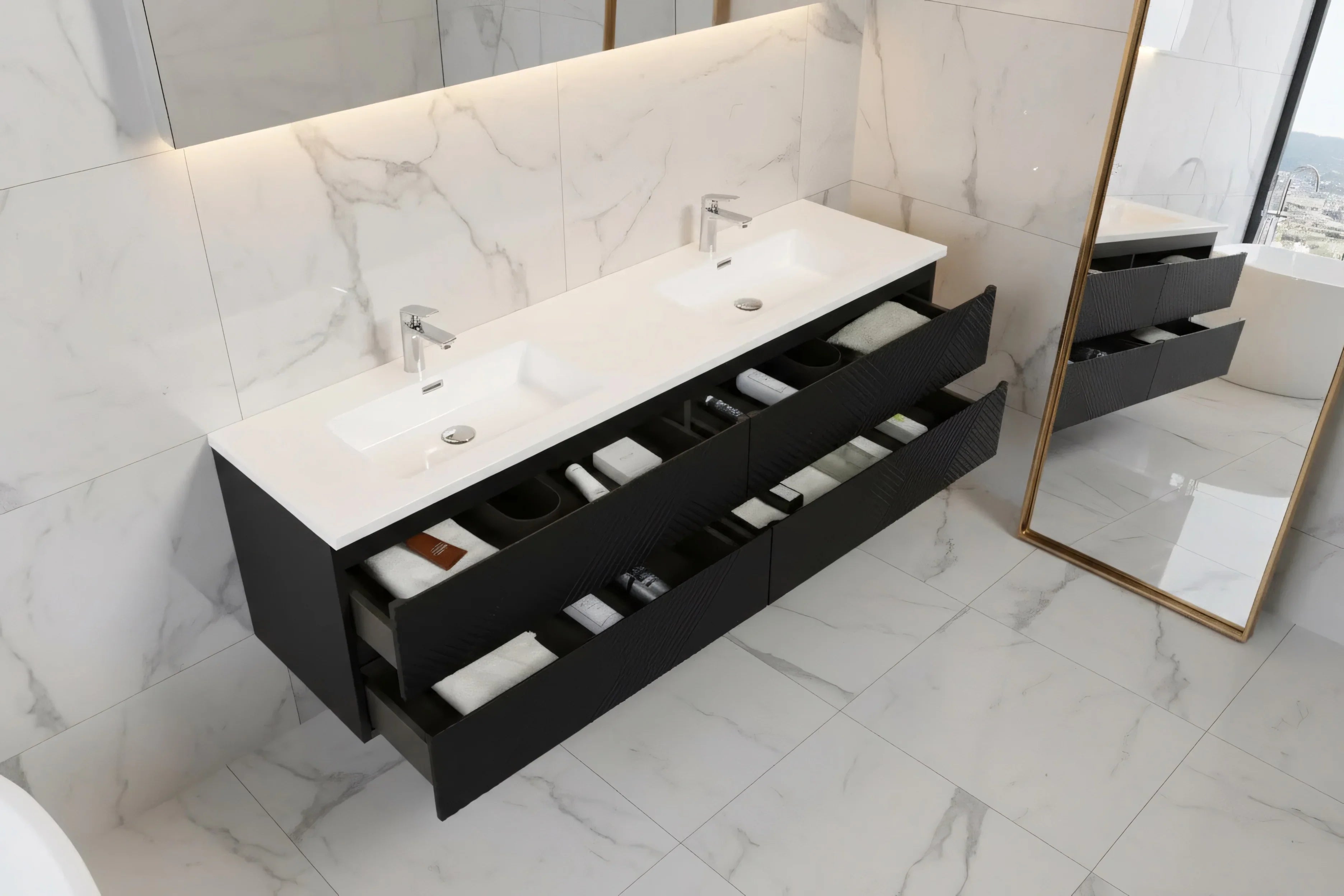 Meuble-lavabo double noir de 72" à fixer au mur avec Comptoir en polymarbre blanc