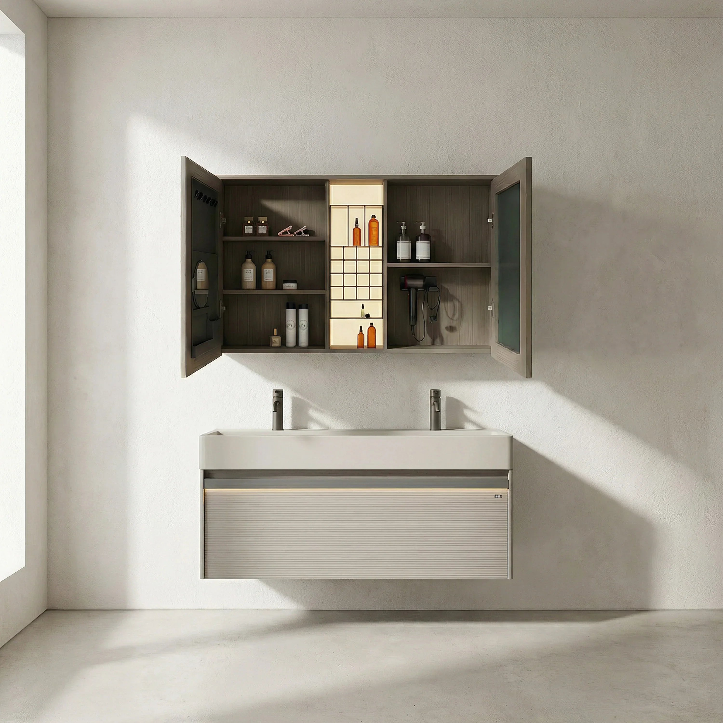 Armoire à Pharmacie DEL Taupe 48po avec Portes à Fermeture Douce