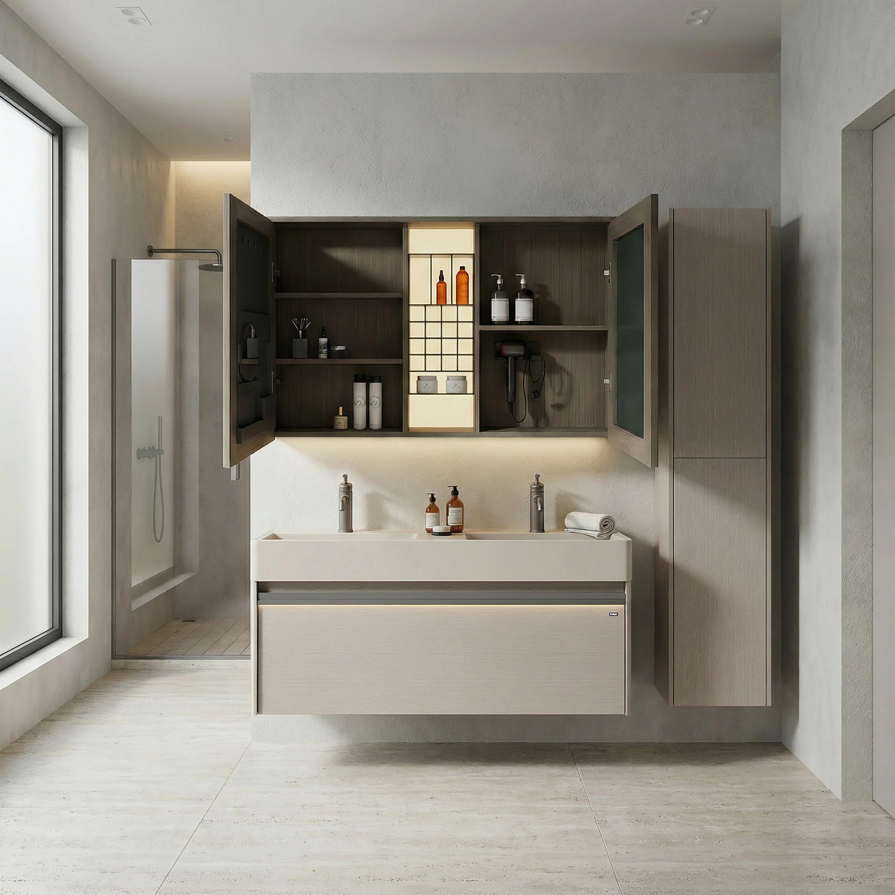 Armoire à Pharmacie DEL Taupe 48po avec Portes à Fermeture Douce