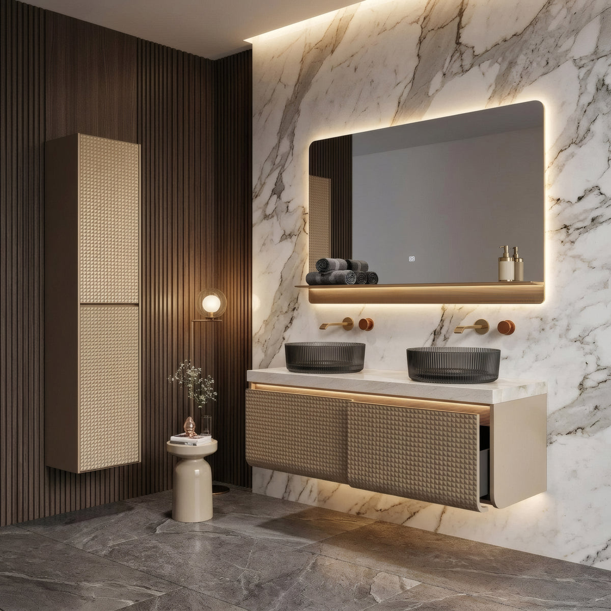47" Champagne Wall-Mount Double Sink Vanity with Royal White Jade Marble Countertop