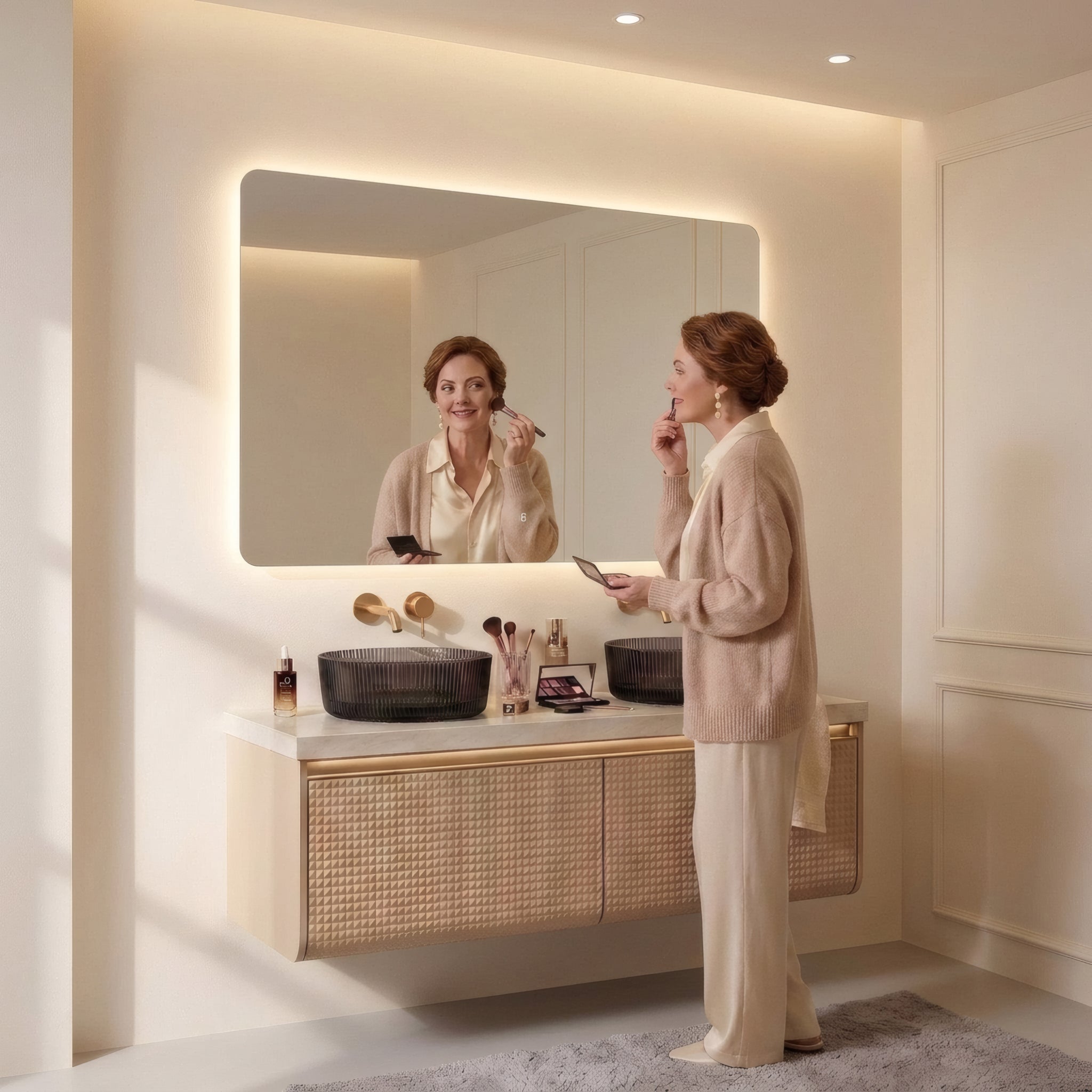 47" Champagne Wall-Mount Double Sink Vanity with Royal White Jade Marble Countertop