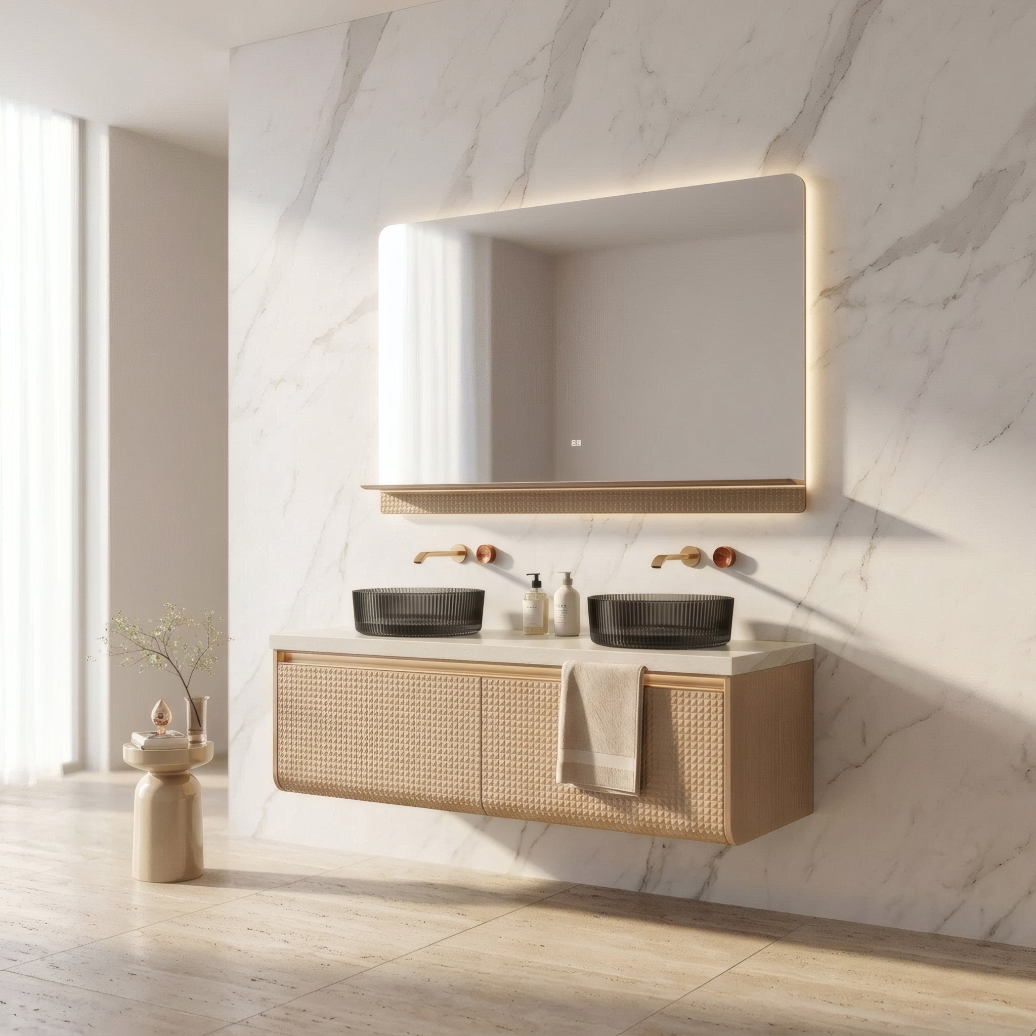 47" Champagne Wall-Mount Double Sink Vanity with Royal White Jade Marble Countertop